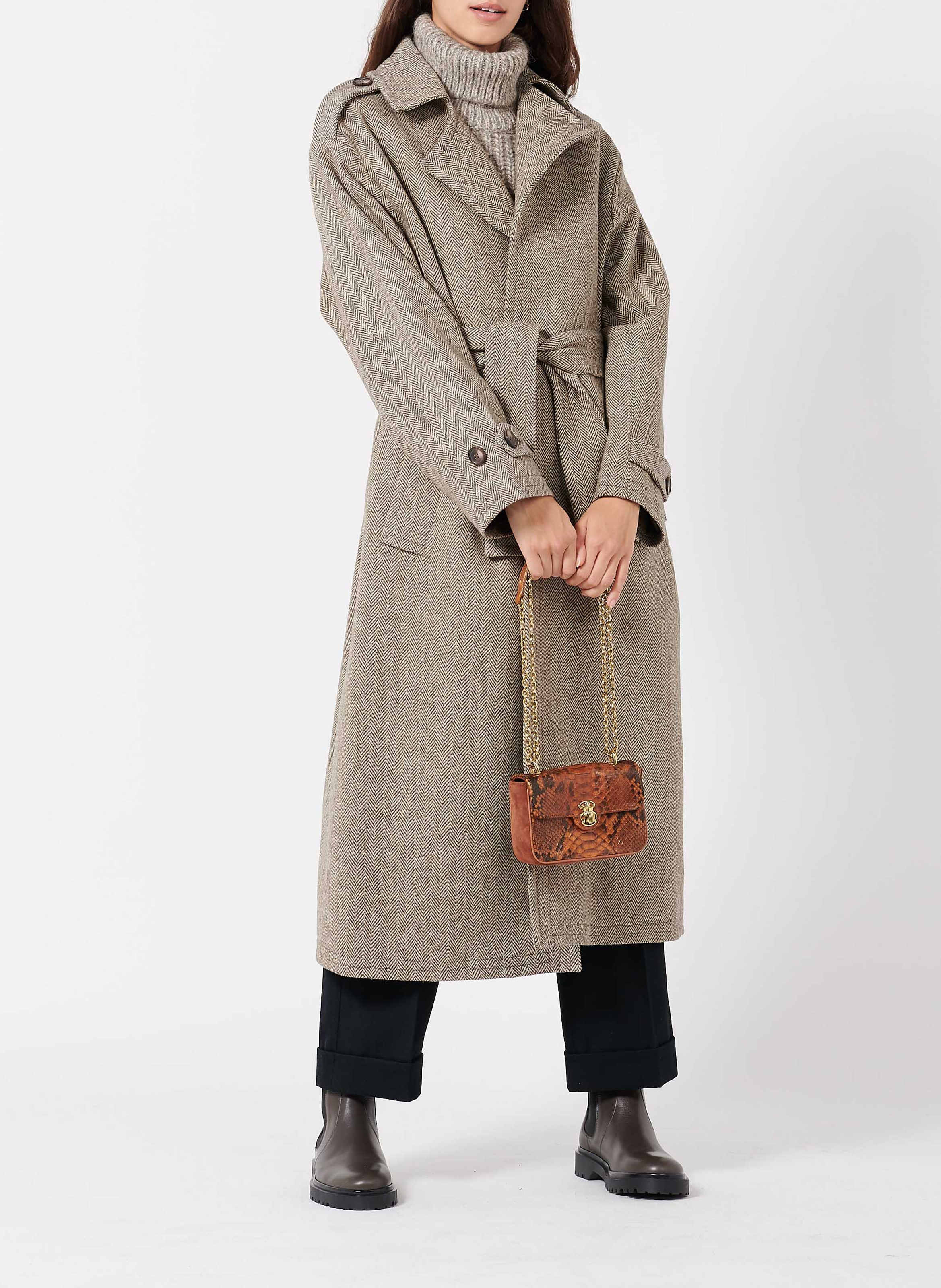 Snakeskin and velvet leather shoulder bag CLARIS VIROT Brown