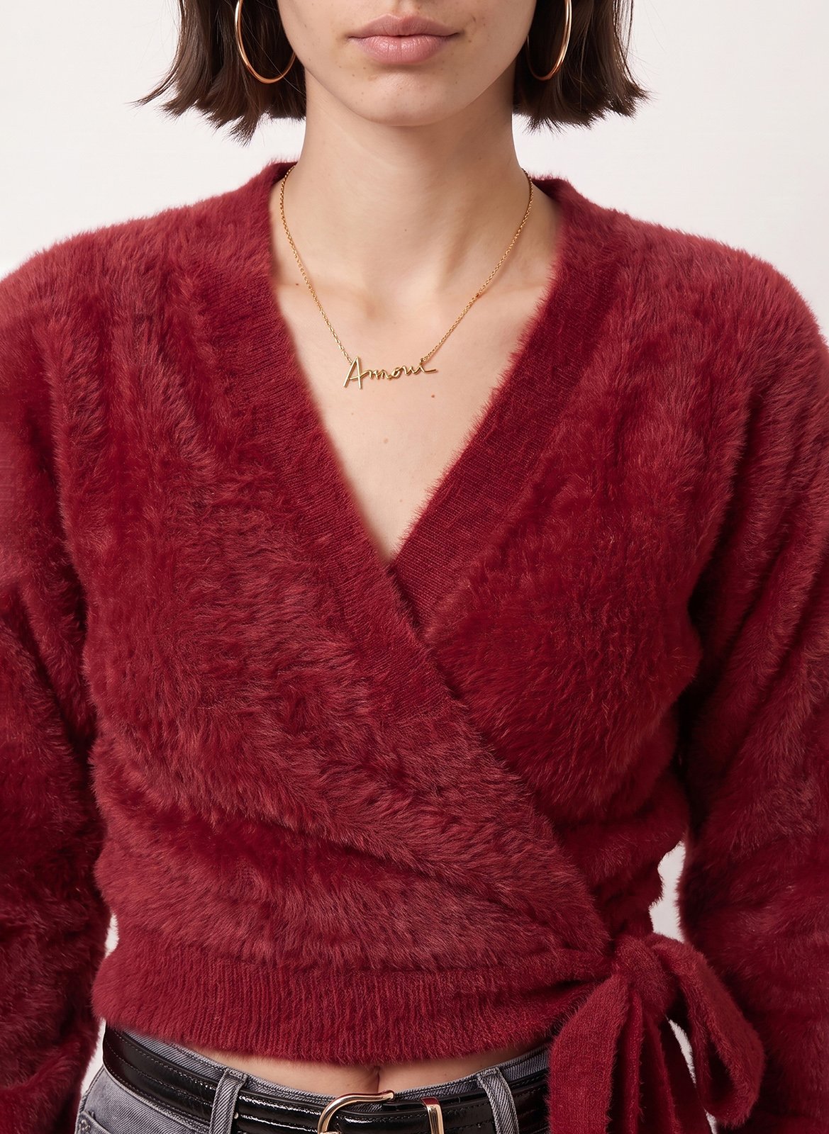Fluffy V-neck wrap cardigan KOOKAI Red