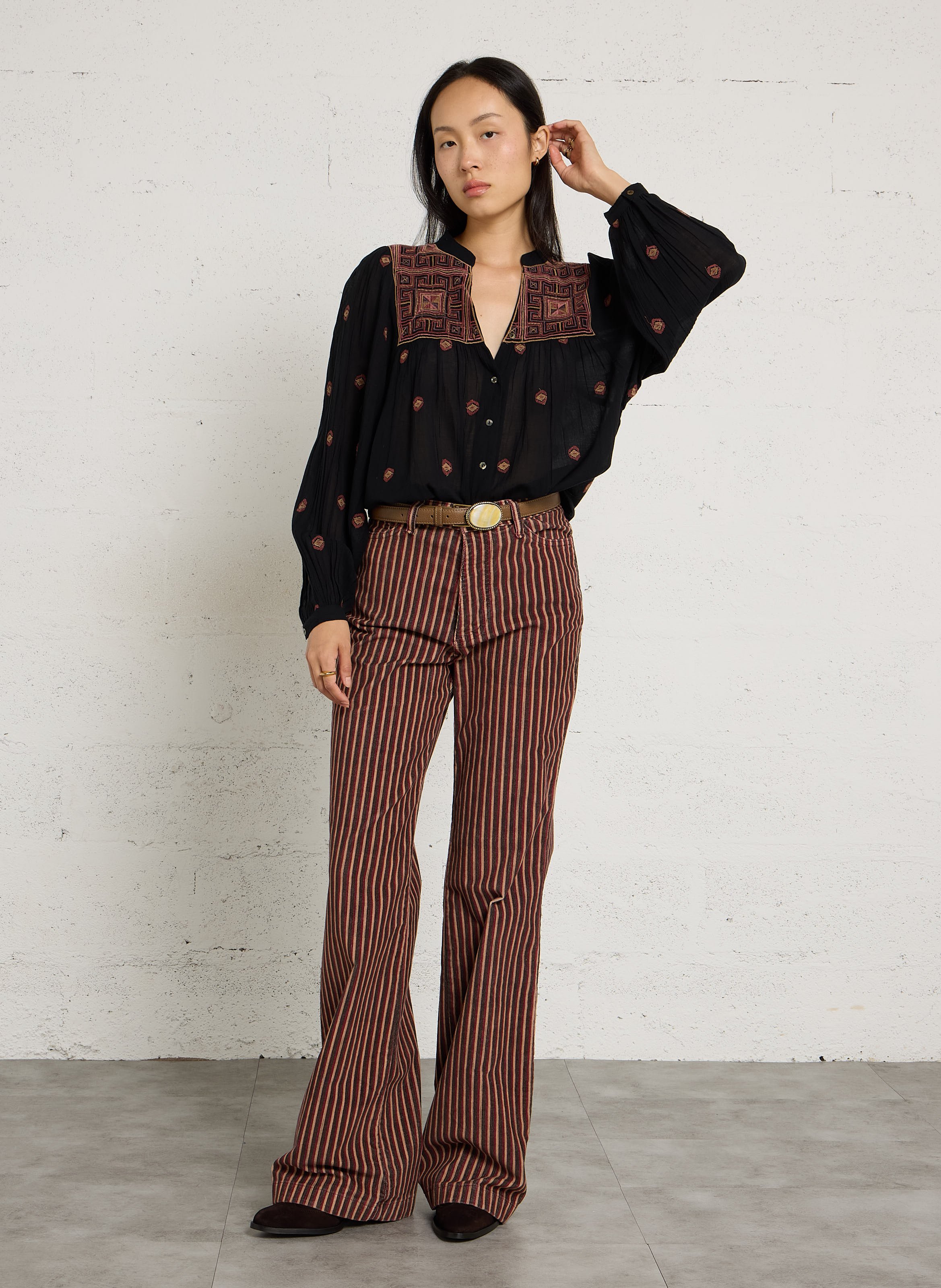 Wijde, gestreepte broek | katoenblend MAISON HOTEL Bruin