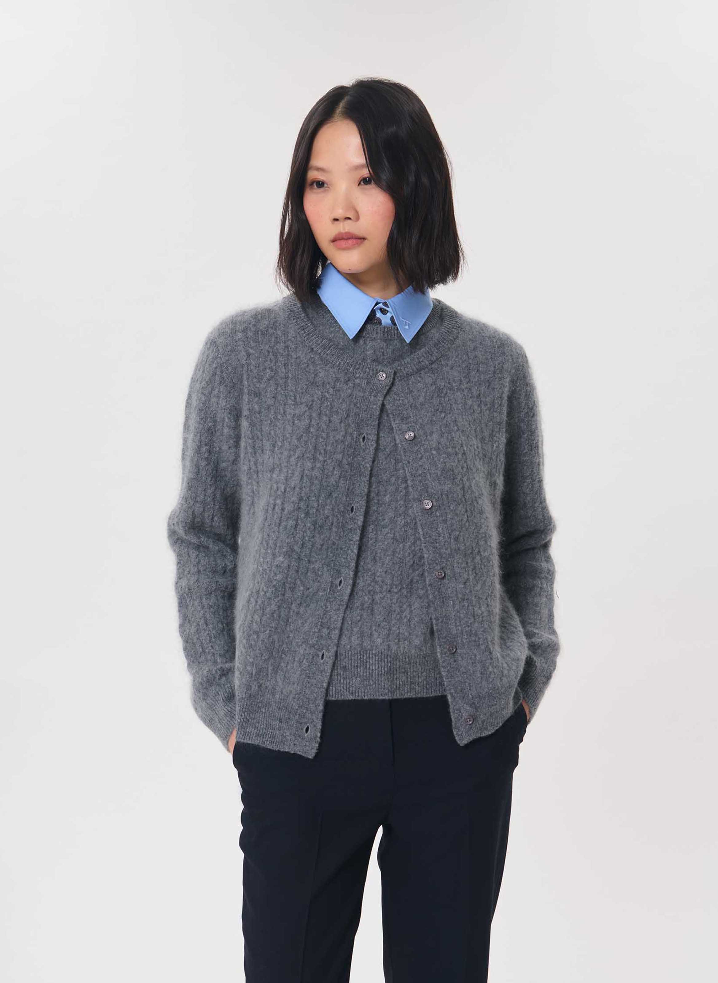 Plain straight-fit crew-neck wool cardigan TARA JARMON Grey