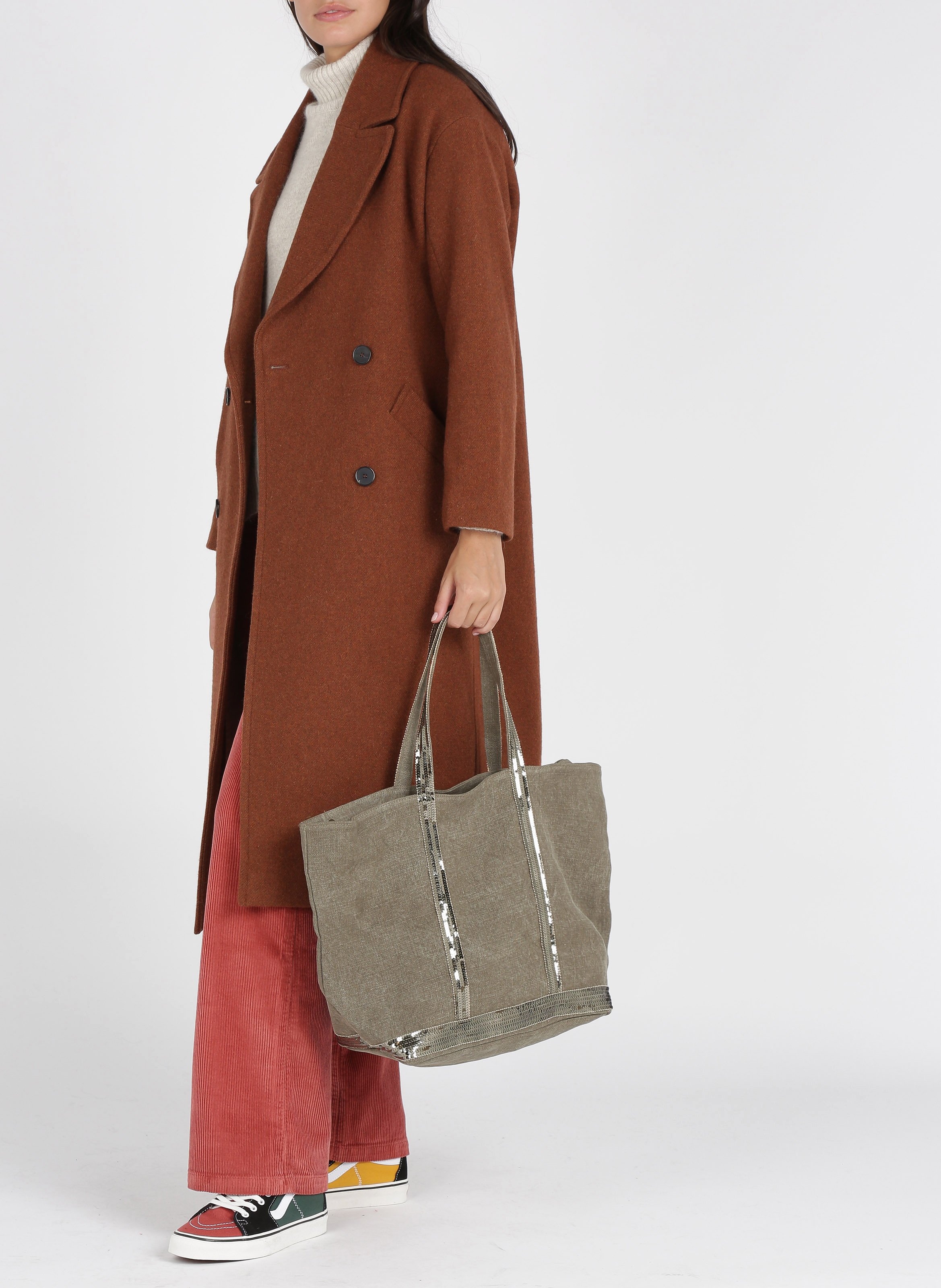 Cabas L brodé avec sequins en lin VANESSA BRUNO Vert