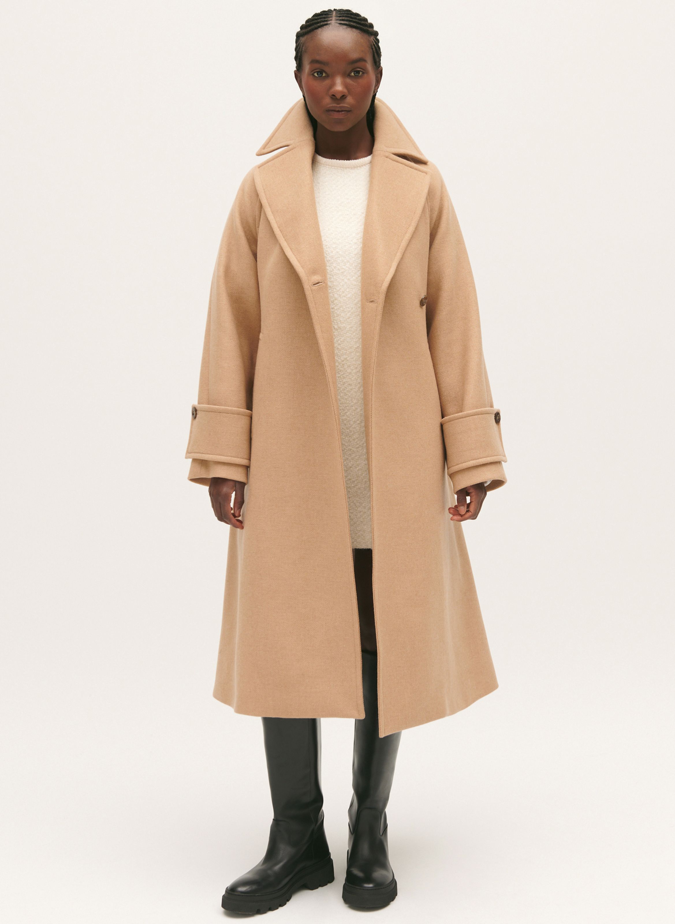 Manteau col tailleur en laine m lang e Beige