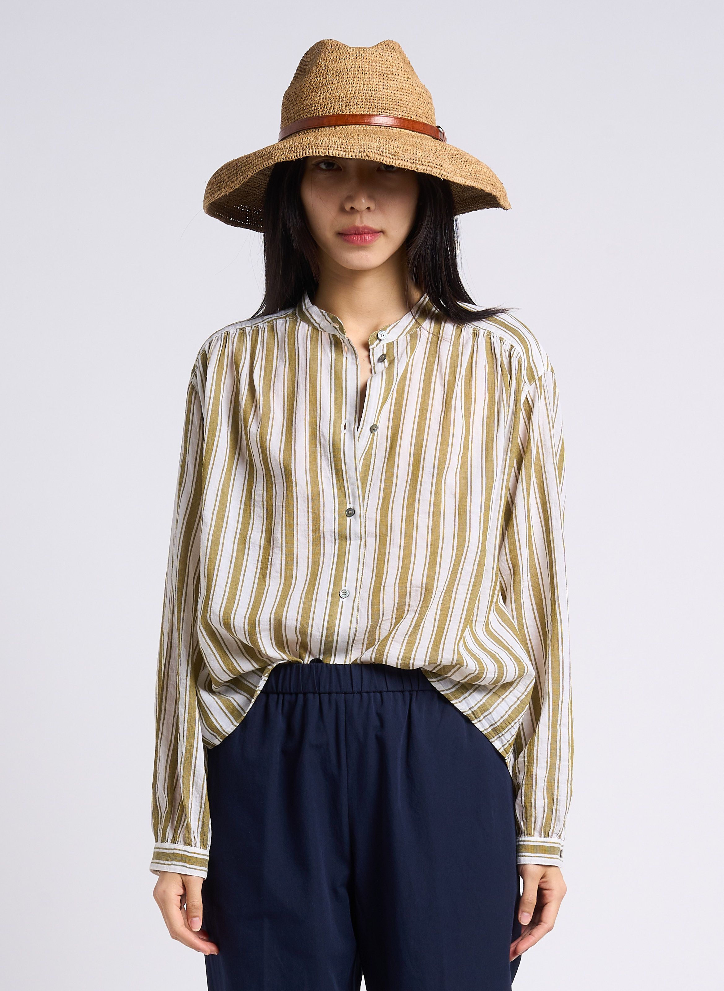 Straight Striped Cotton Shirt Vert Pomandere - Women - 241-9441