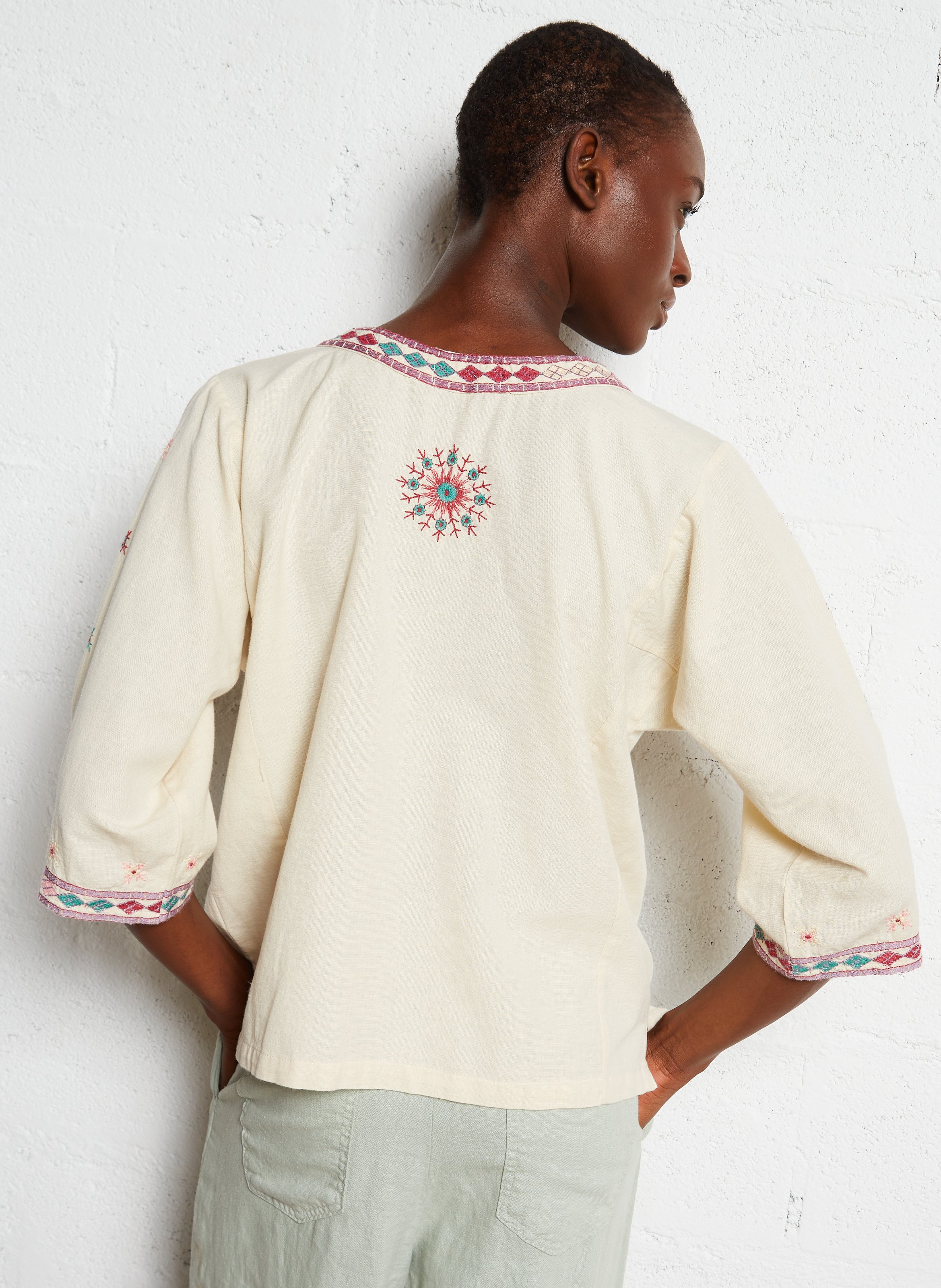 Embroidered cotton V-neck blouse MAISON HOTEL Beige