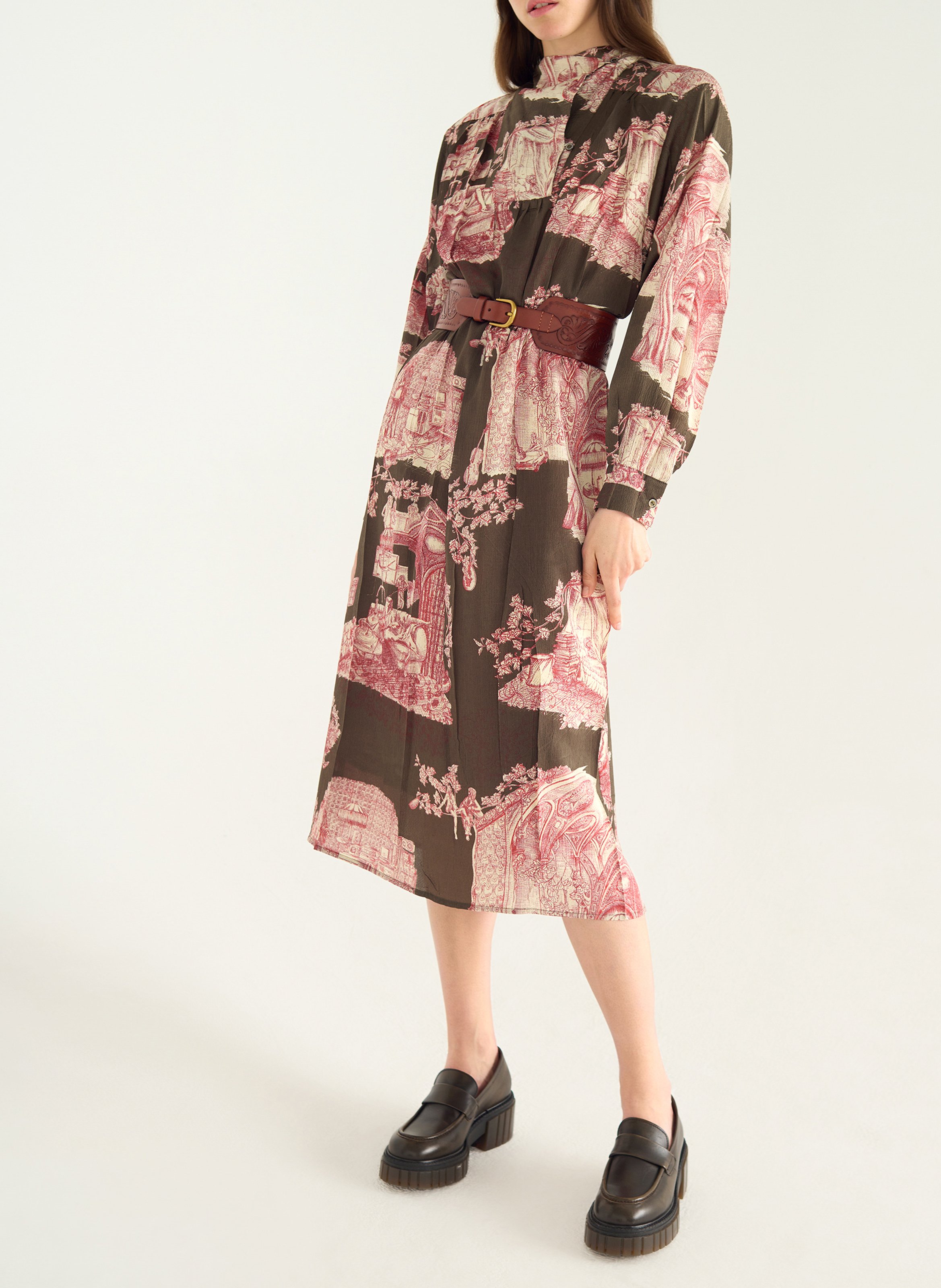 Wijde lange jurk met opstaande kraag en print COTELAC Groen