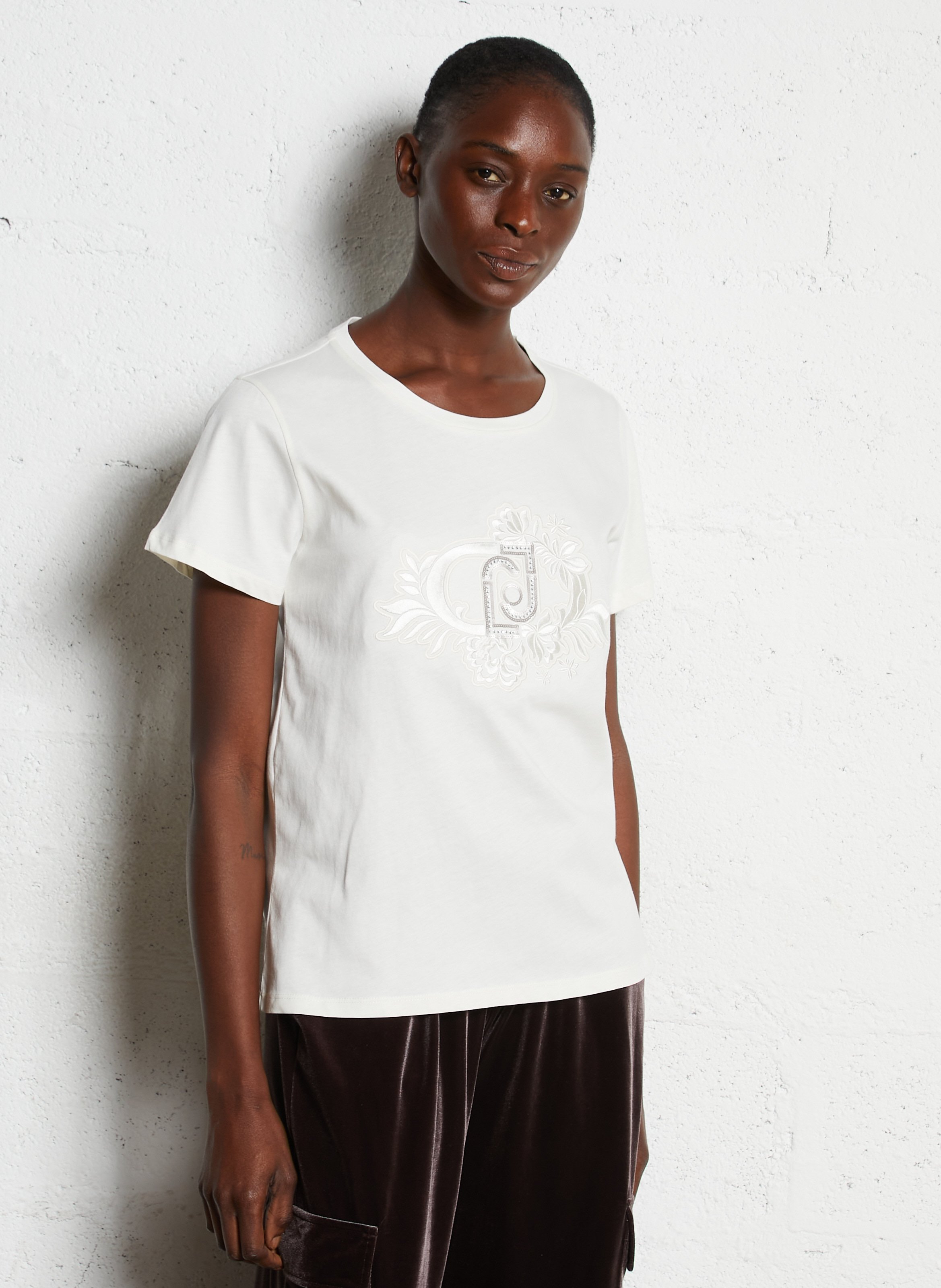 Clara short-sleeved embroidered cotton T-shirt LIU JO White