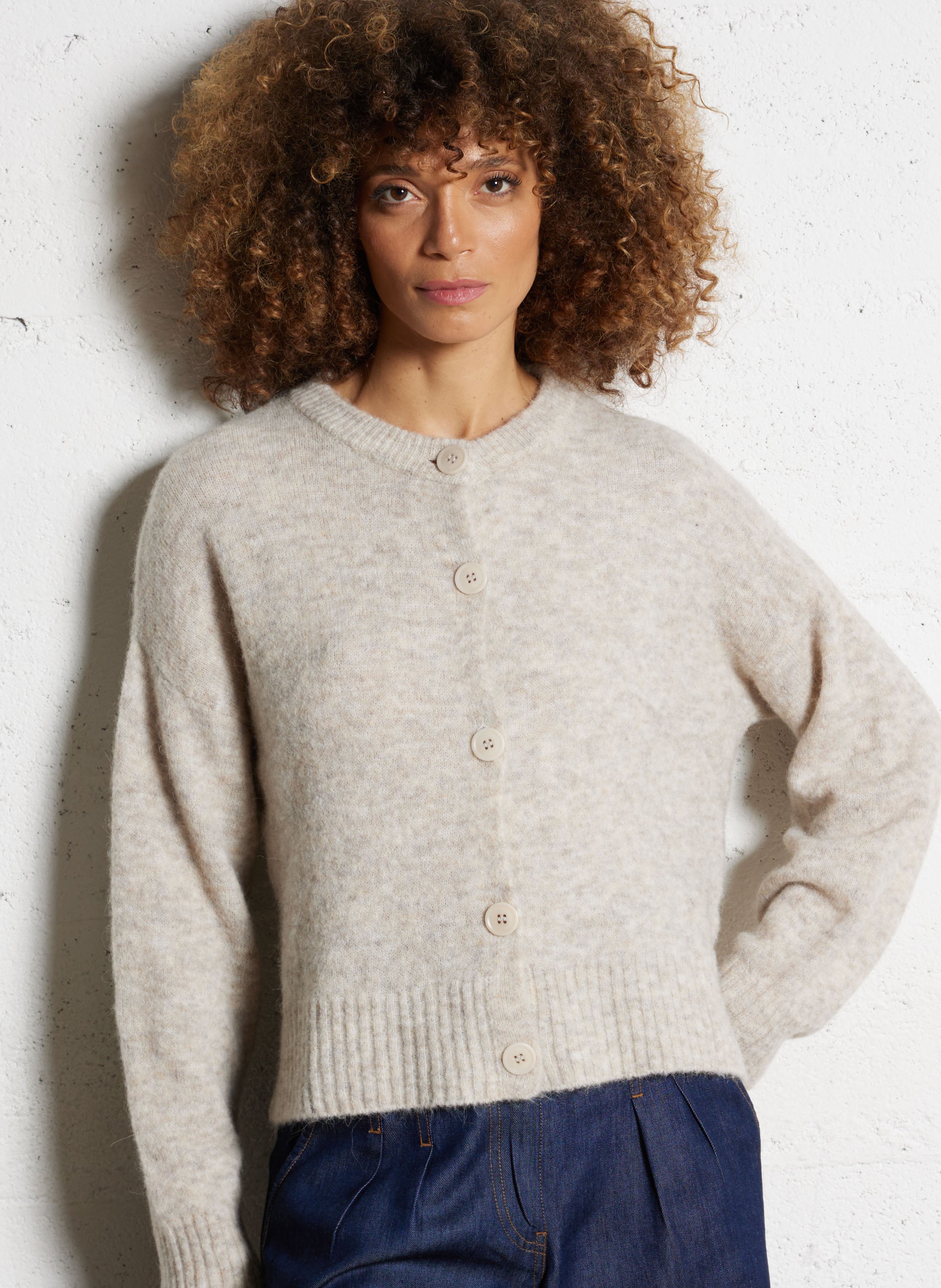 Loose-fit mixed-knit cardigan with round neck MAISON ANJE
