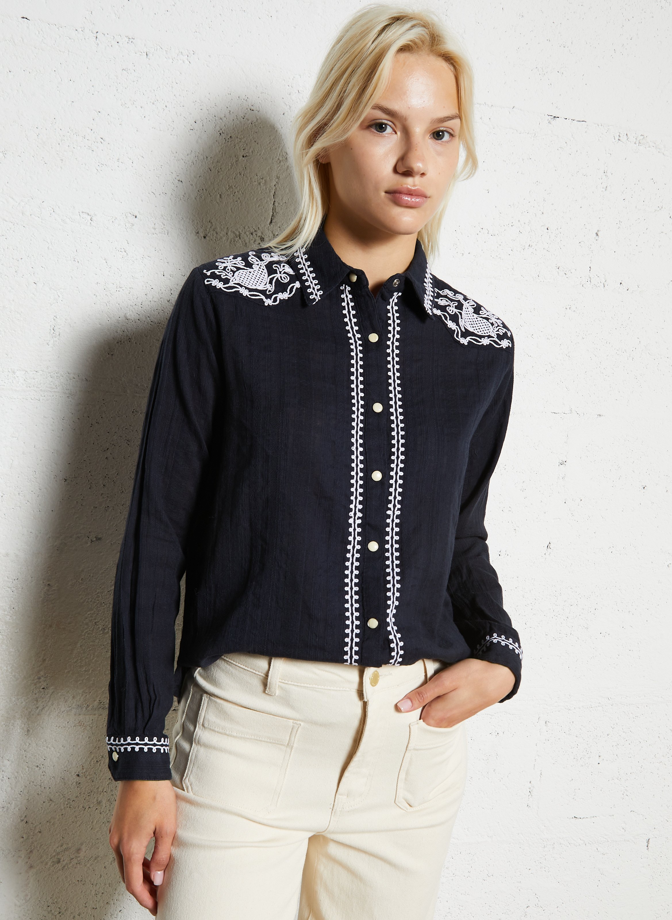 Straight embroidered cotton shirt MAISON HOTEL Black
