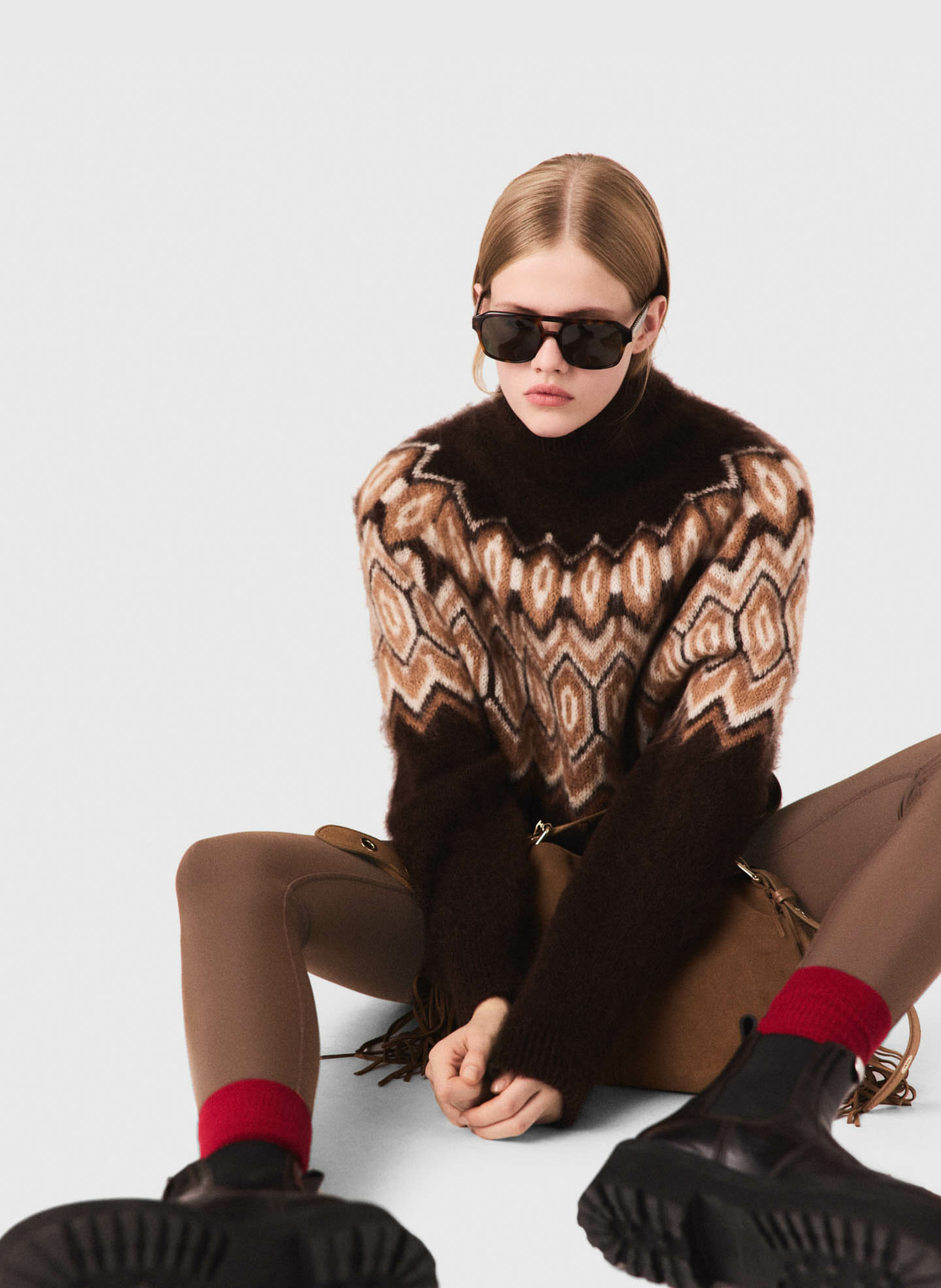 Pull jacquard col montant  MAJE Marron