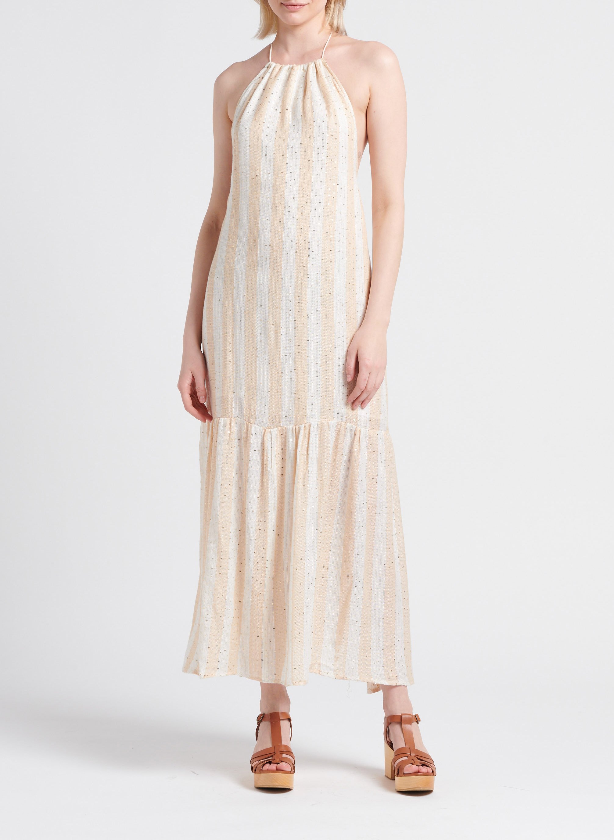 Lange jurk met strepen en lovertjes SUNDRESS Beige