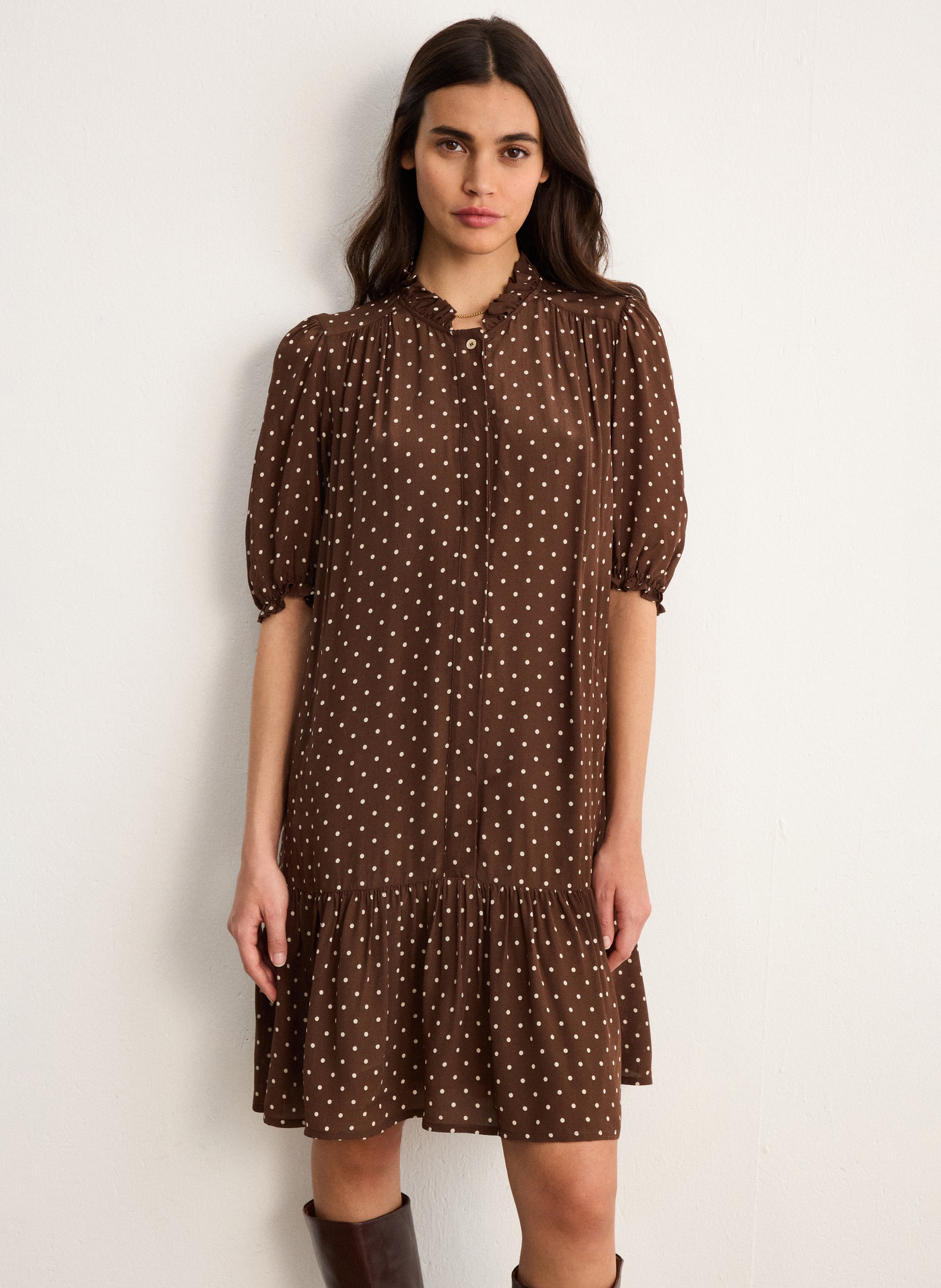 Loose-fitting high-neck polka dot dress PABLO Brown