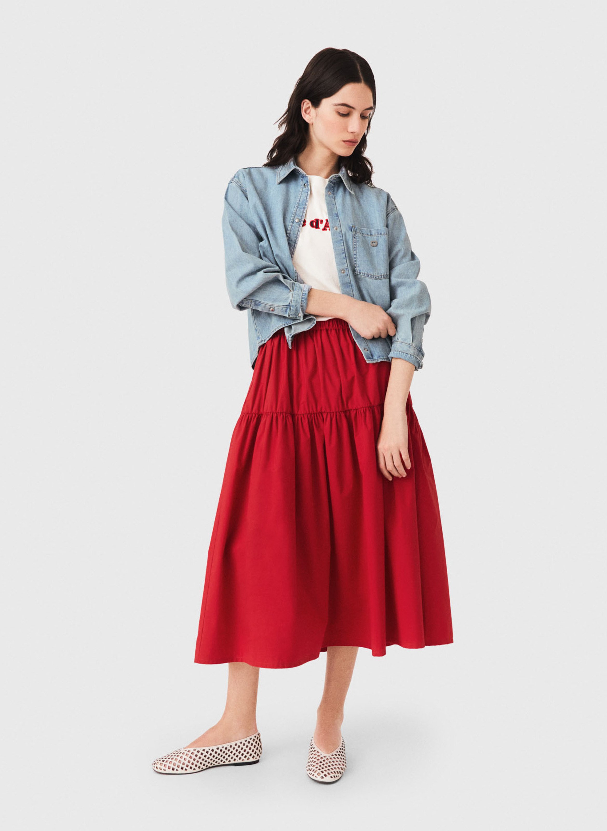 Jupe midi évasée en coton mélangé MAJE Rouge