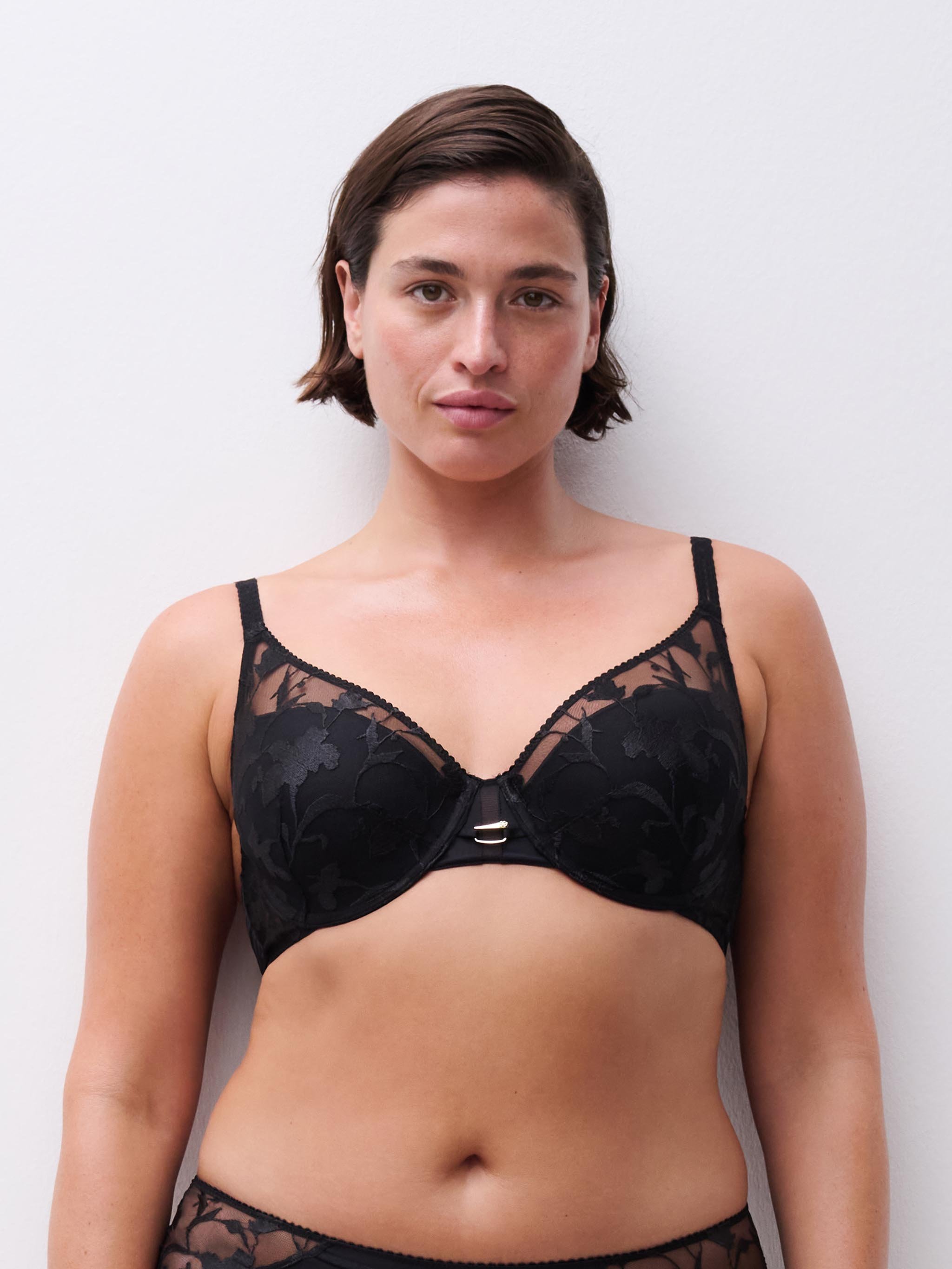 Plunging spacer bra with floral embroidery. CHANTELLE Black