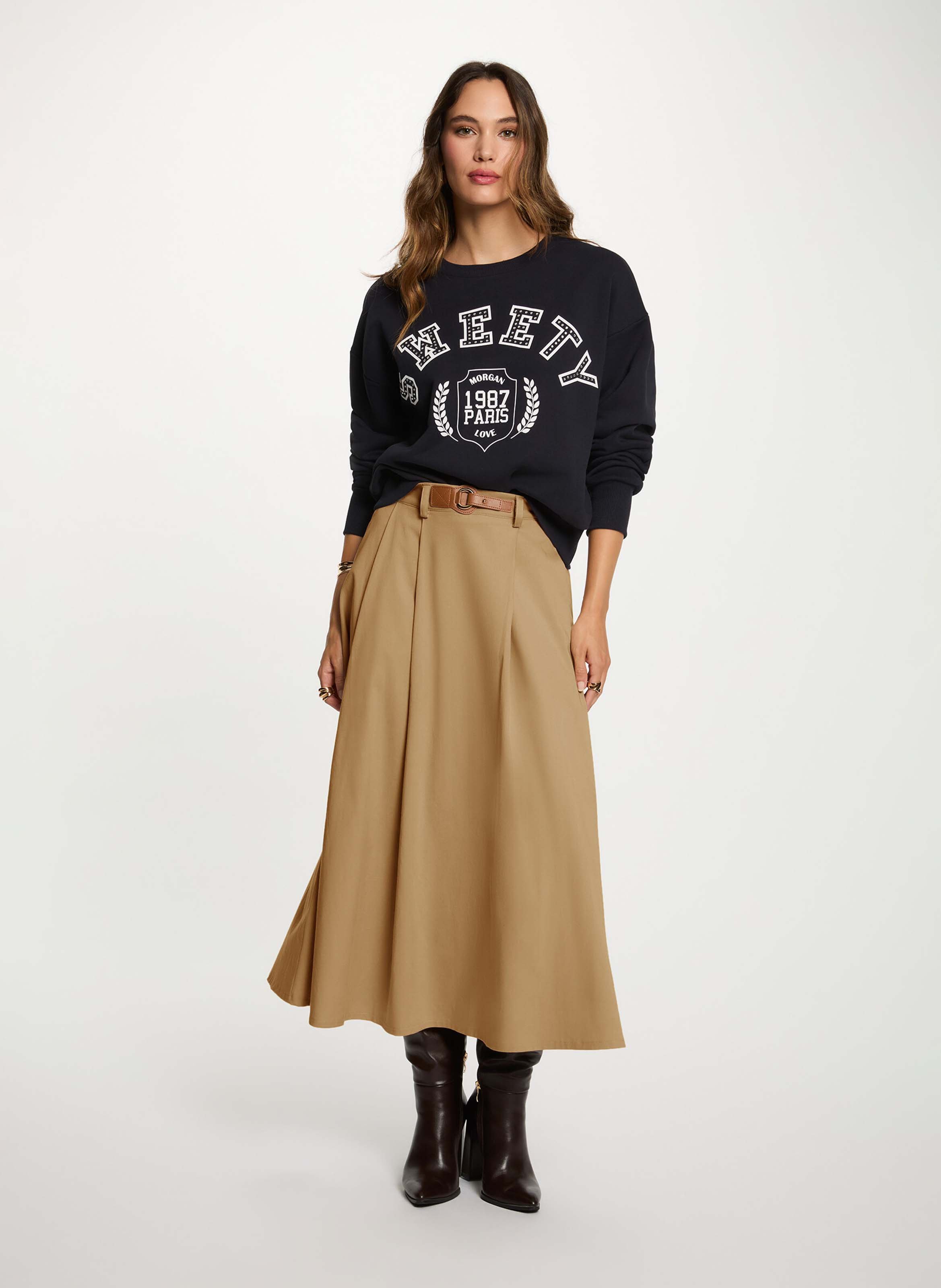 Jupe midi évasée  MORGAN Beige