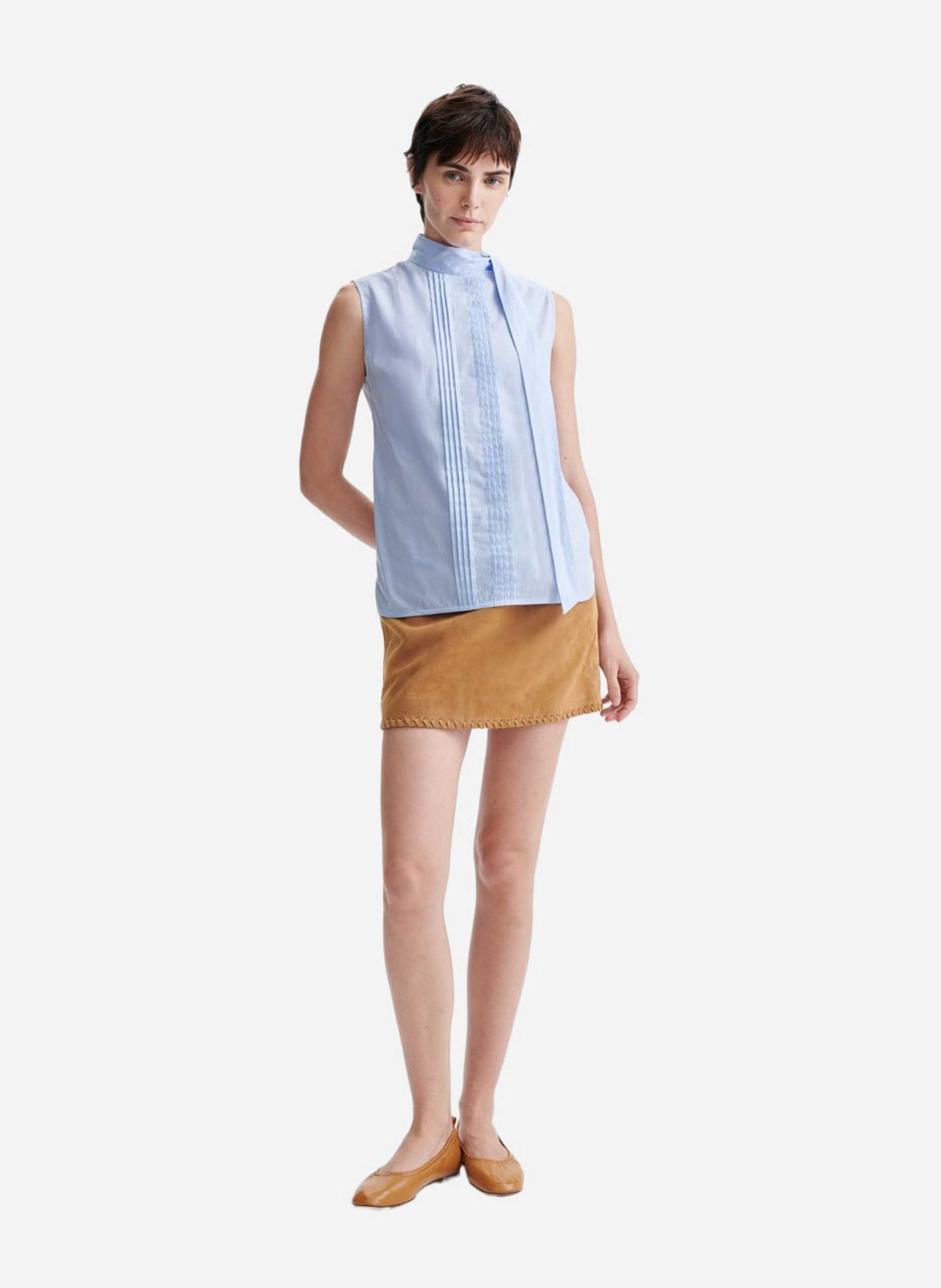 Sleeveless pleated blouse in mixed cotton VANESSA BRUNO Blue