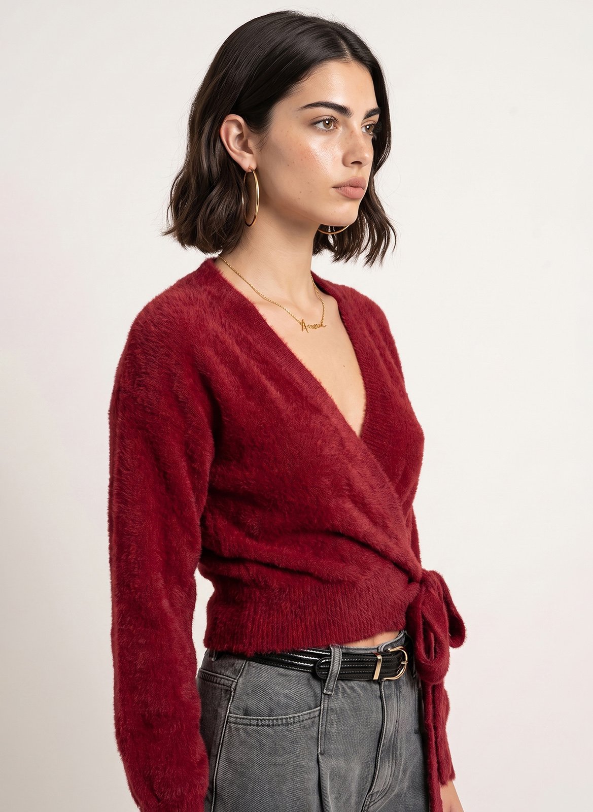 Fluffy V-neck wrap cardigan KOOKAI Red