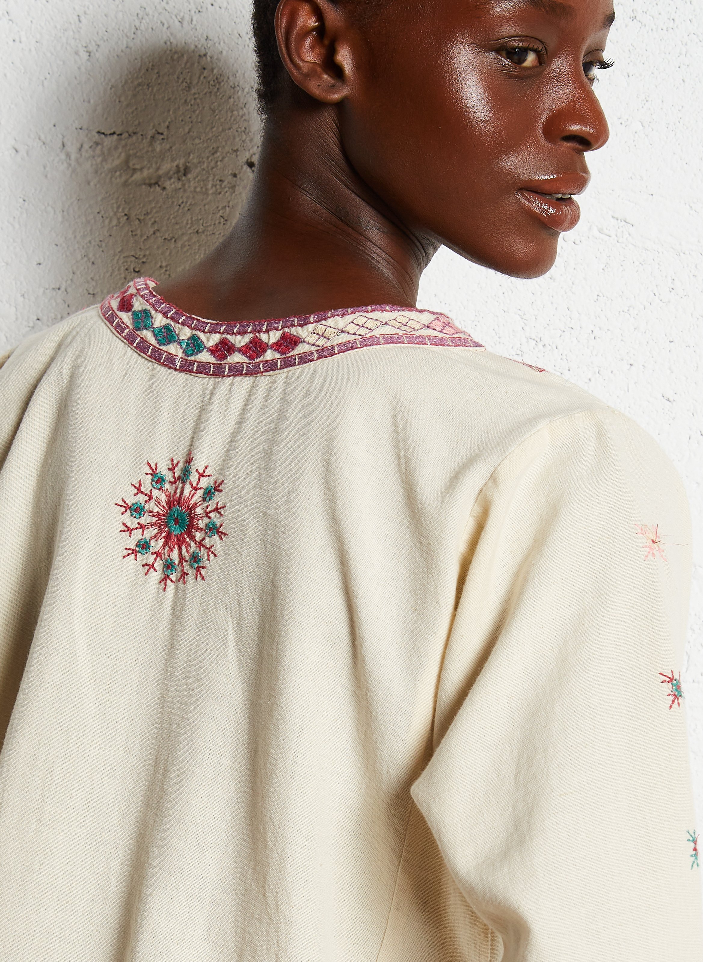 Embroidered cotton V-neck blouse MAISON HOTEL Beige