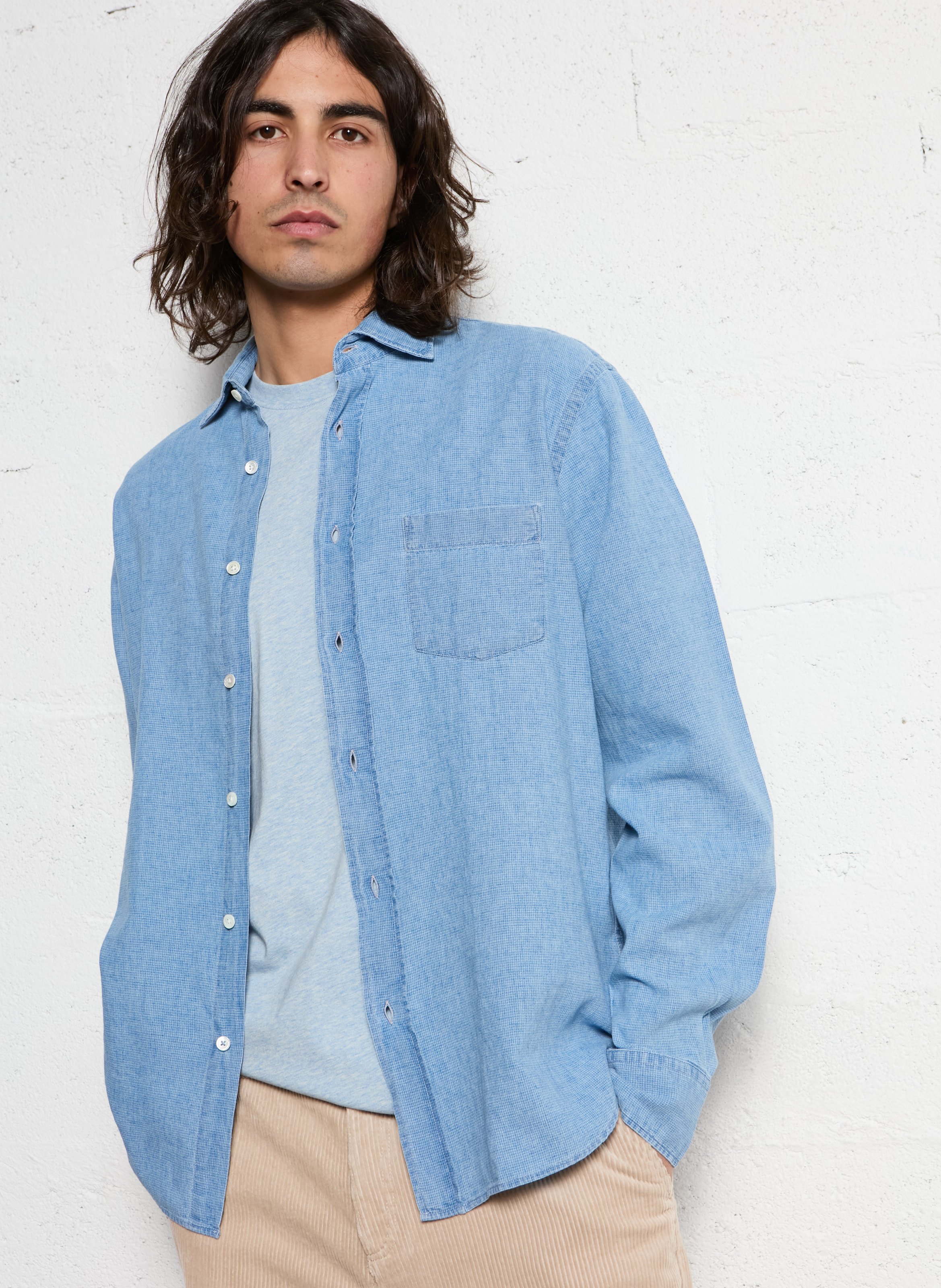 Shirt with classic collar in linen and cotton blend HARTFORD Blue