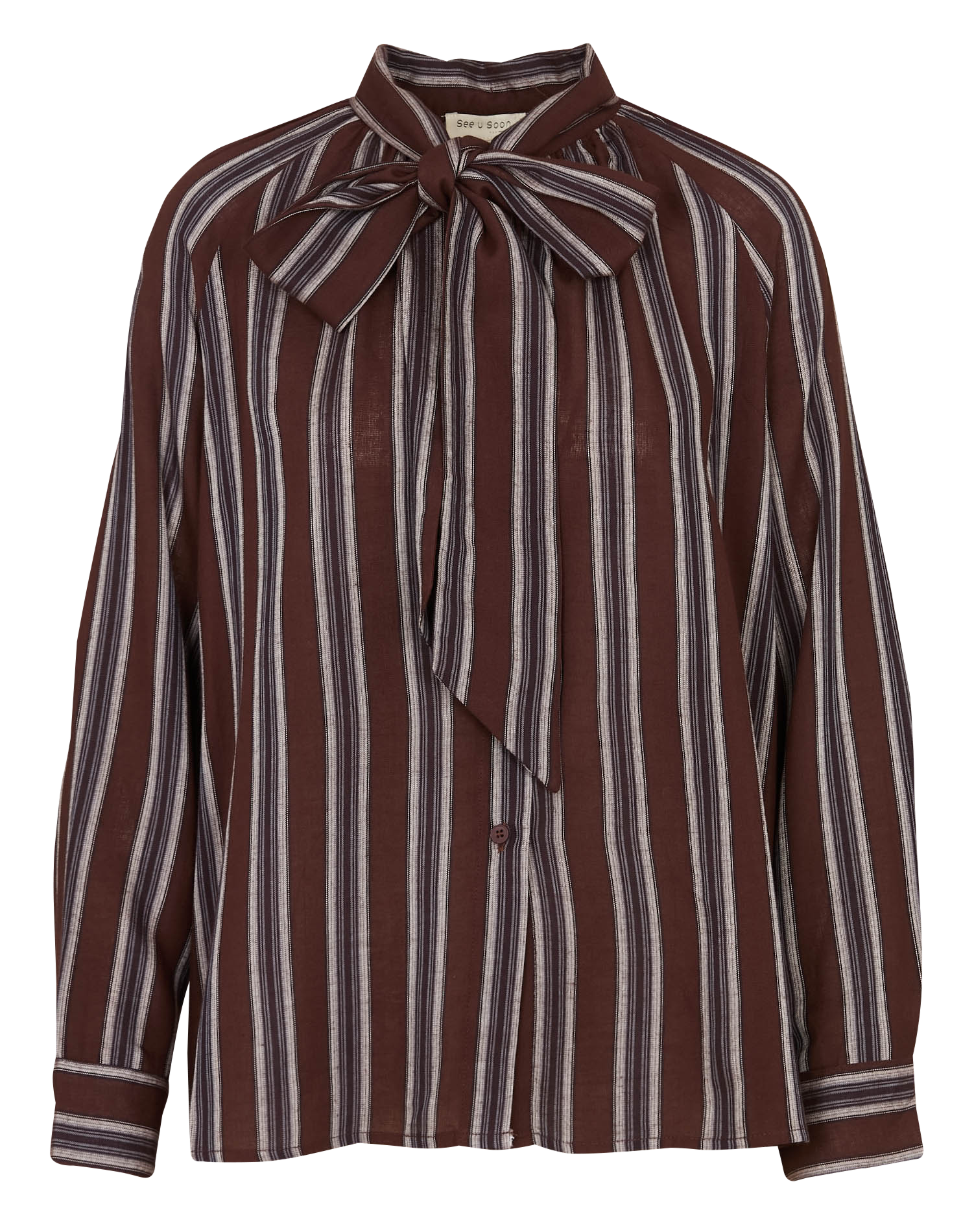 Loose-fitting striped lavallière collar shirt SEE U SOON Brown