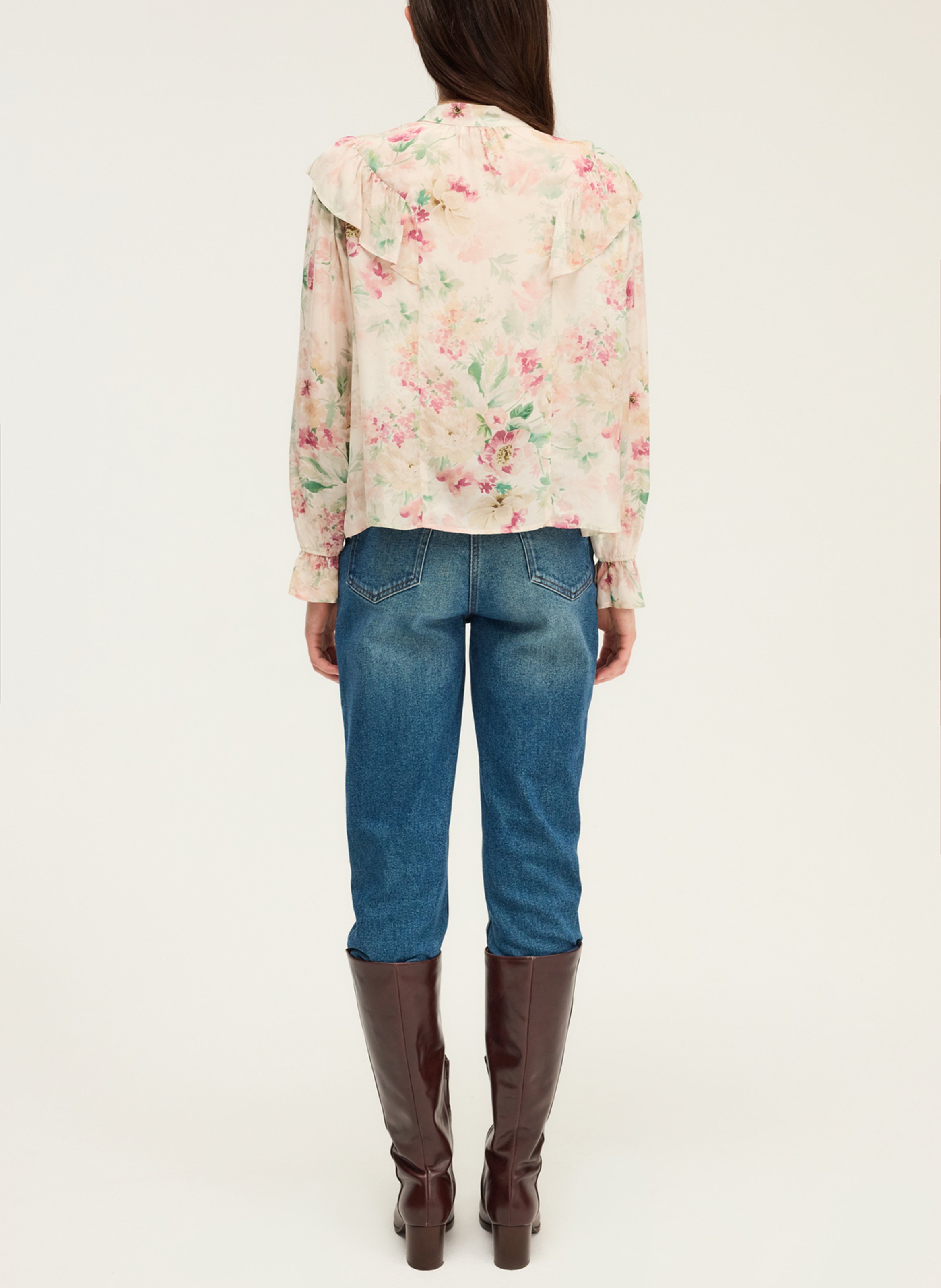 Chemise droite col mao fleuri PABLO Beige