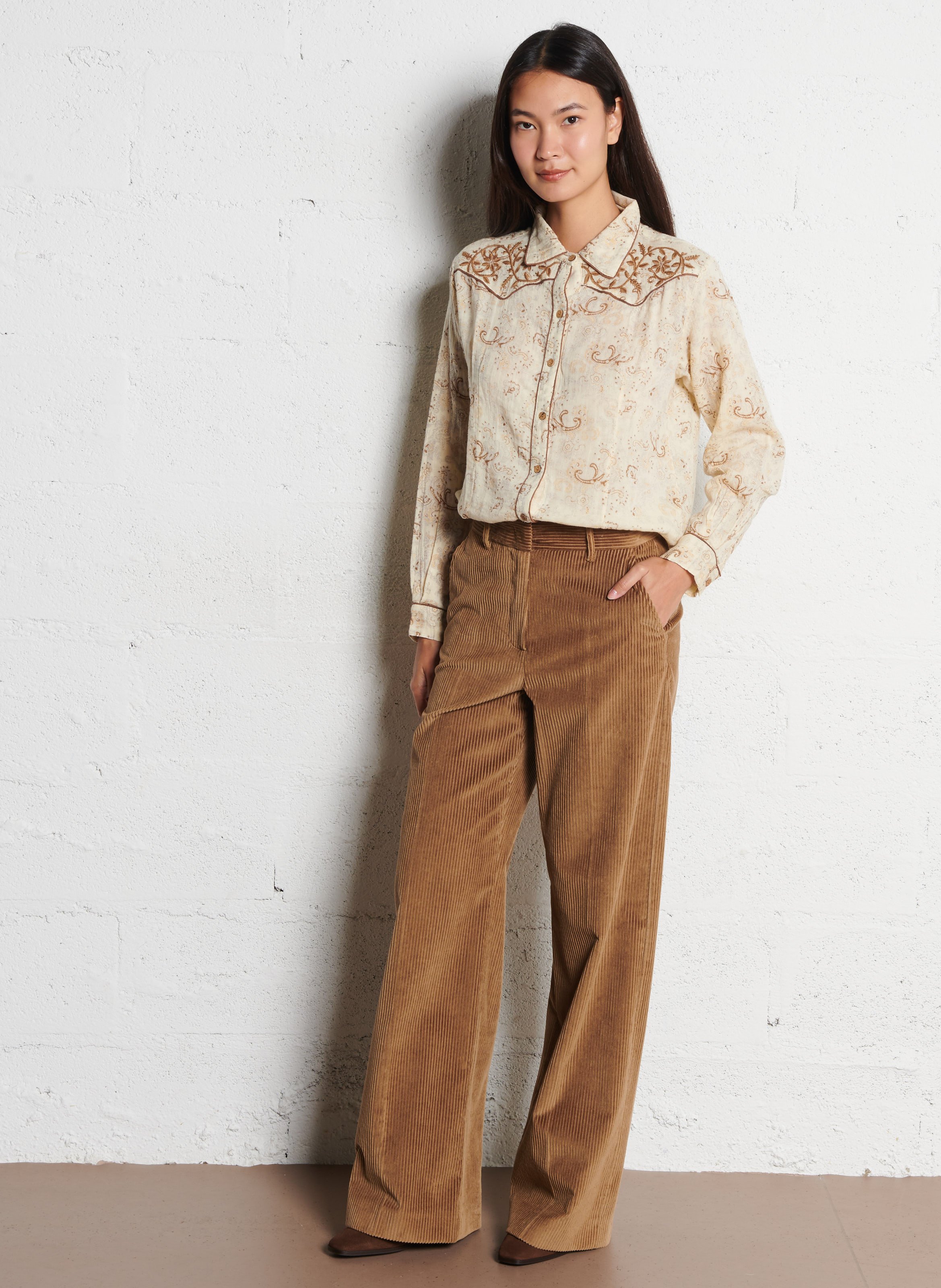 Round-neck printed cotton blouse MAISON HOTEL Beige
