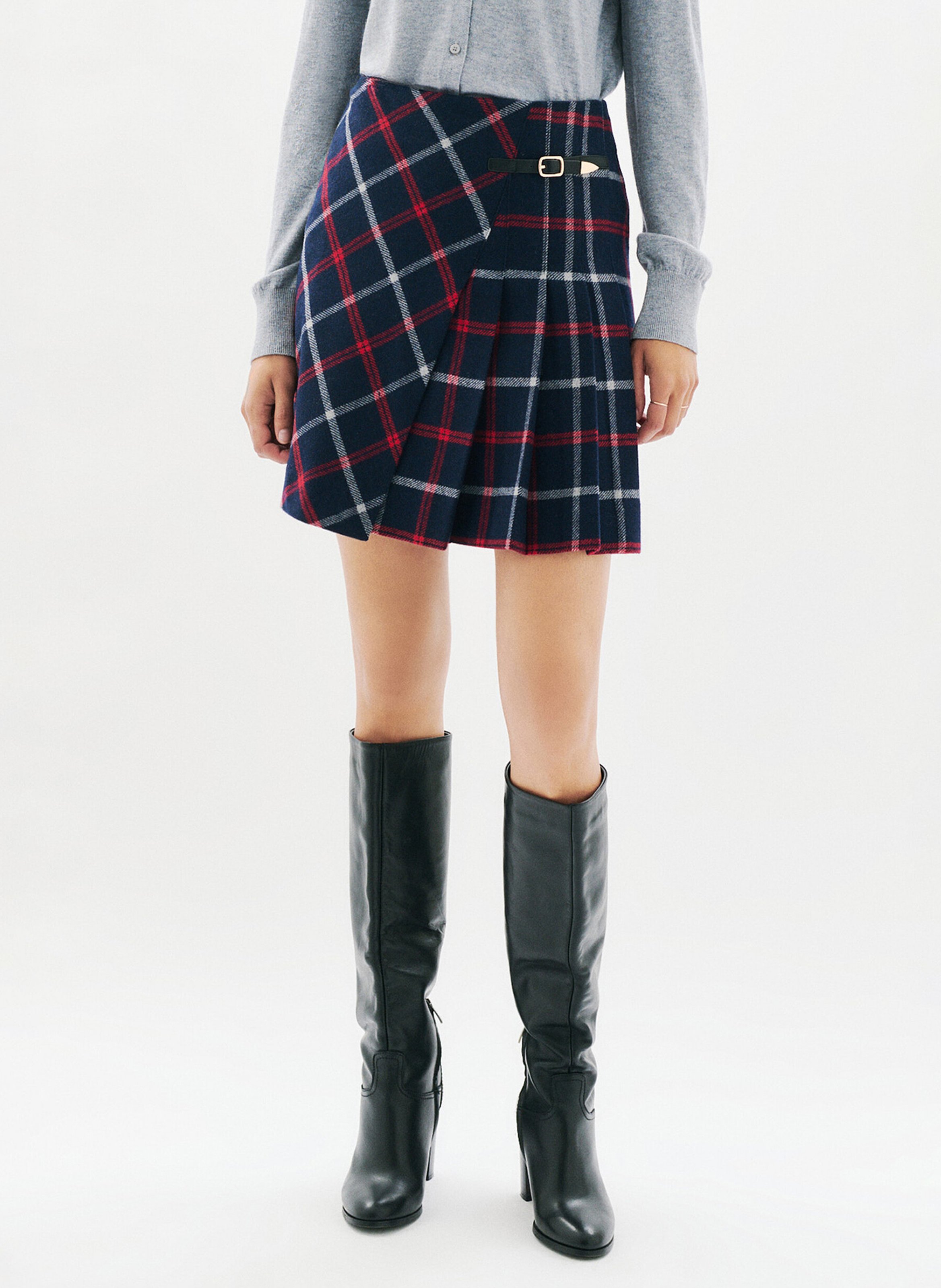 Jupe courte évasée en laine recyclée mélangée CAROLL Bleu