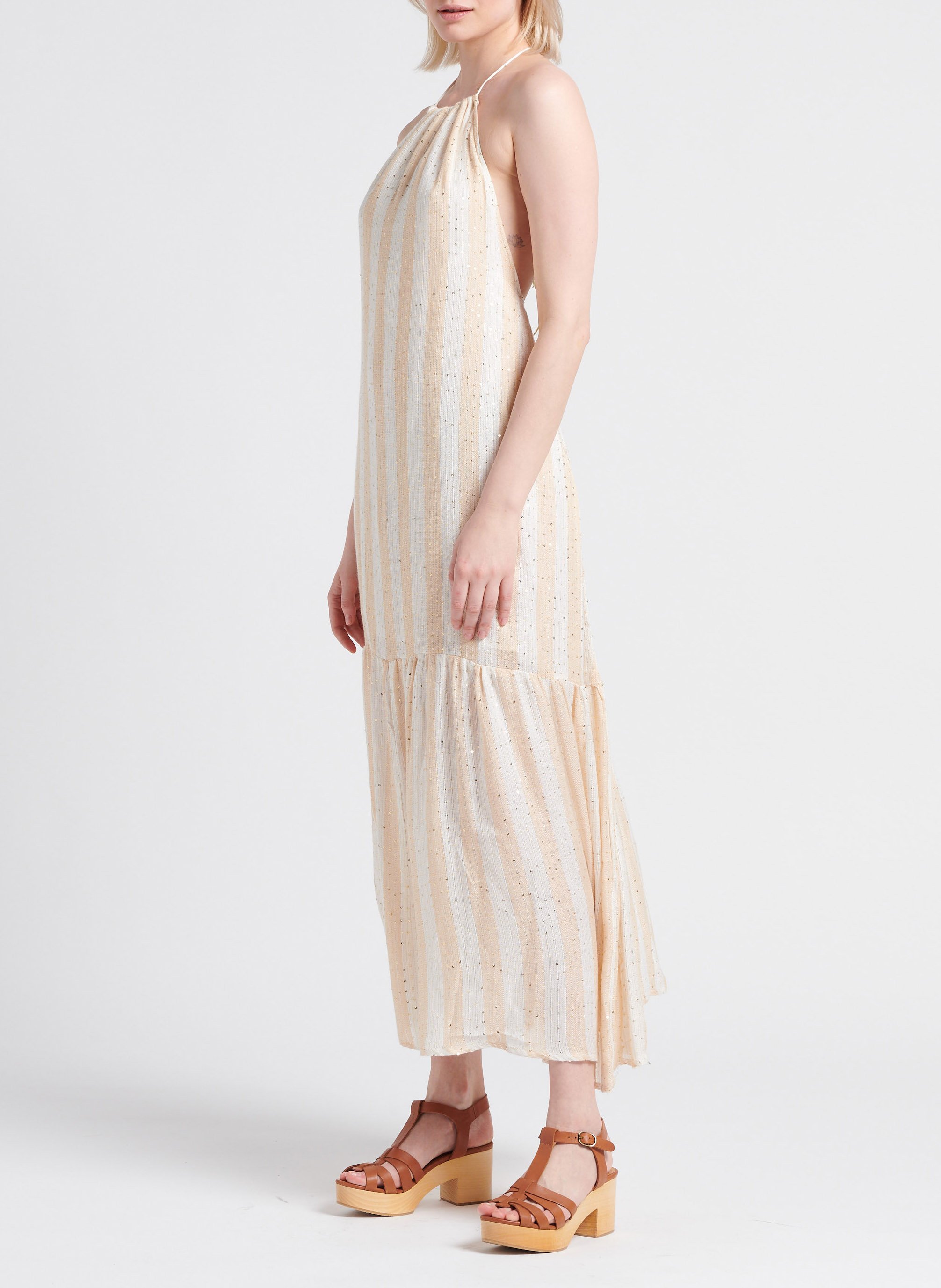 Lange jurk met strepen en lovertjes SUNDRESS Beige