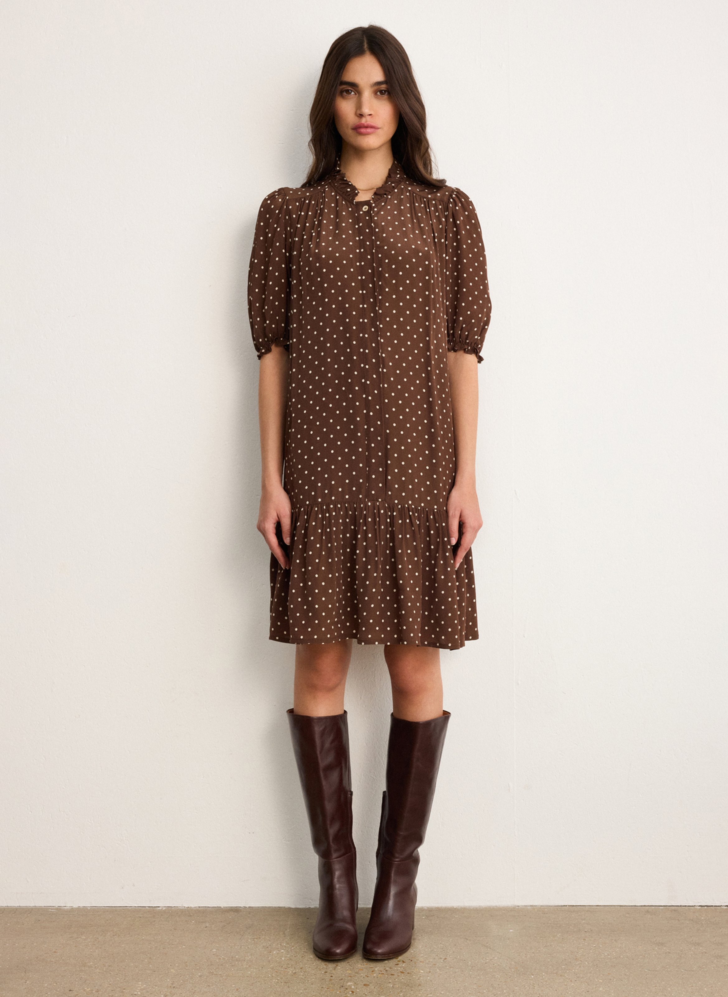 Loose-fitting high-neck polka dot dress PABLO Brown