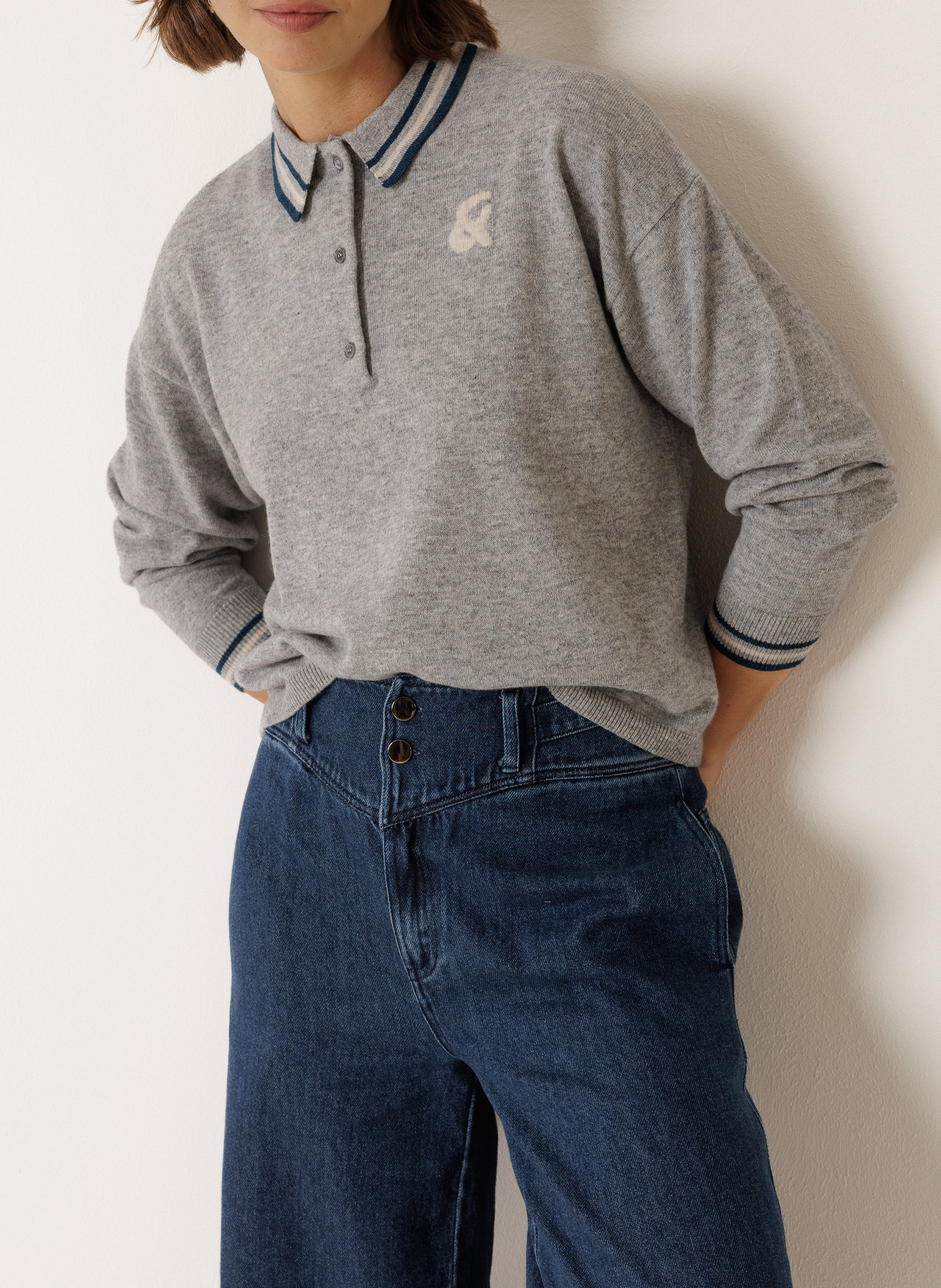 Rechte, wollen trui met polokraagje INDI & COLD Grijs