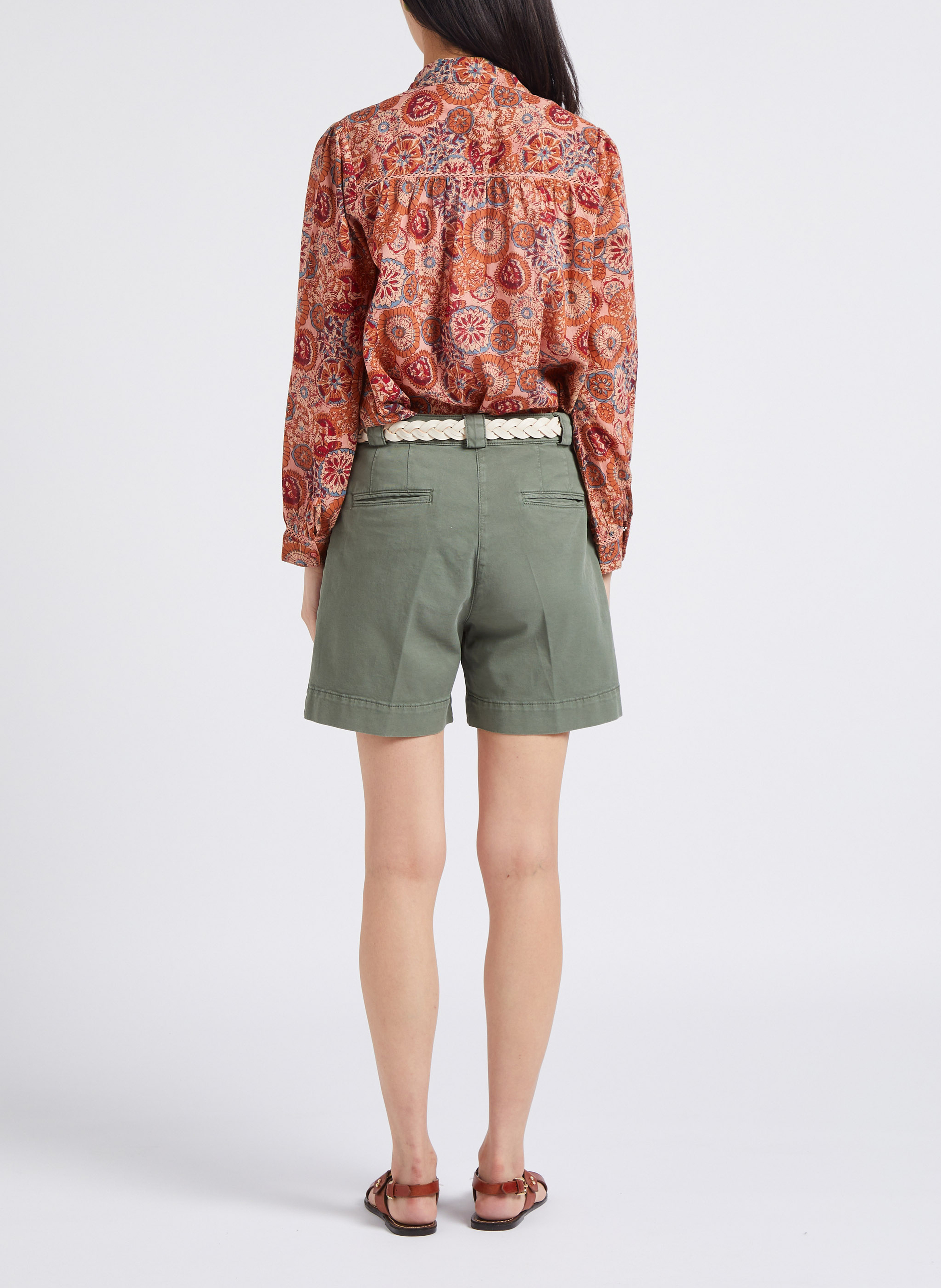 Short large en coton mélangé Kaki