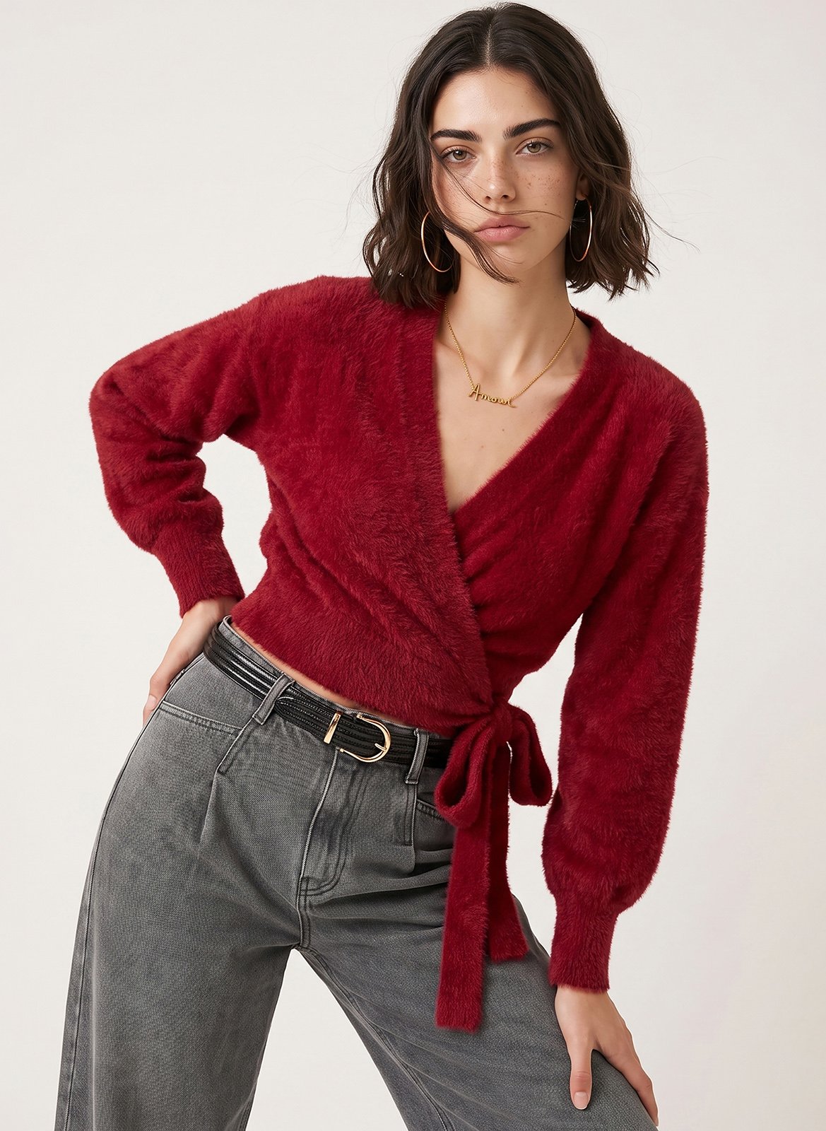 Fluffy V-neck wrap cardigan KOOKAI Red
