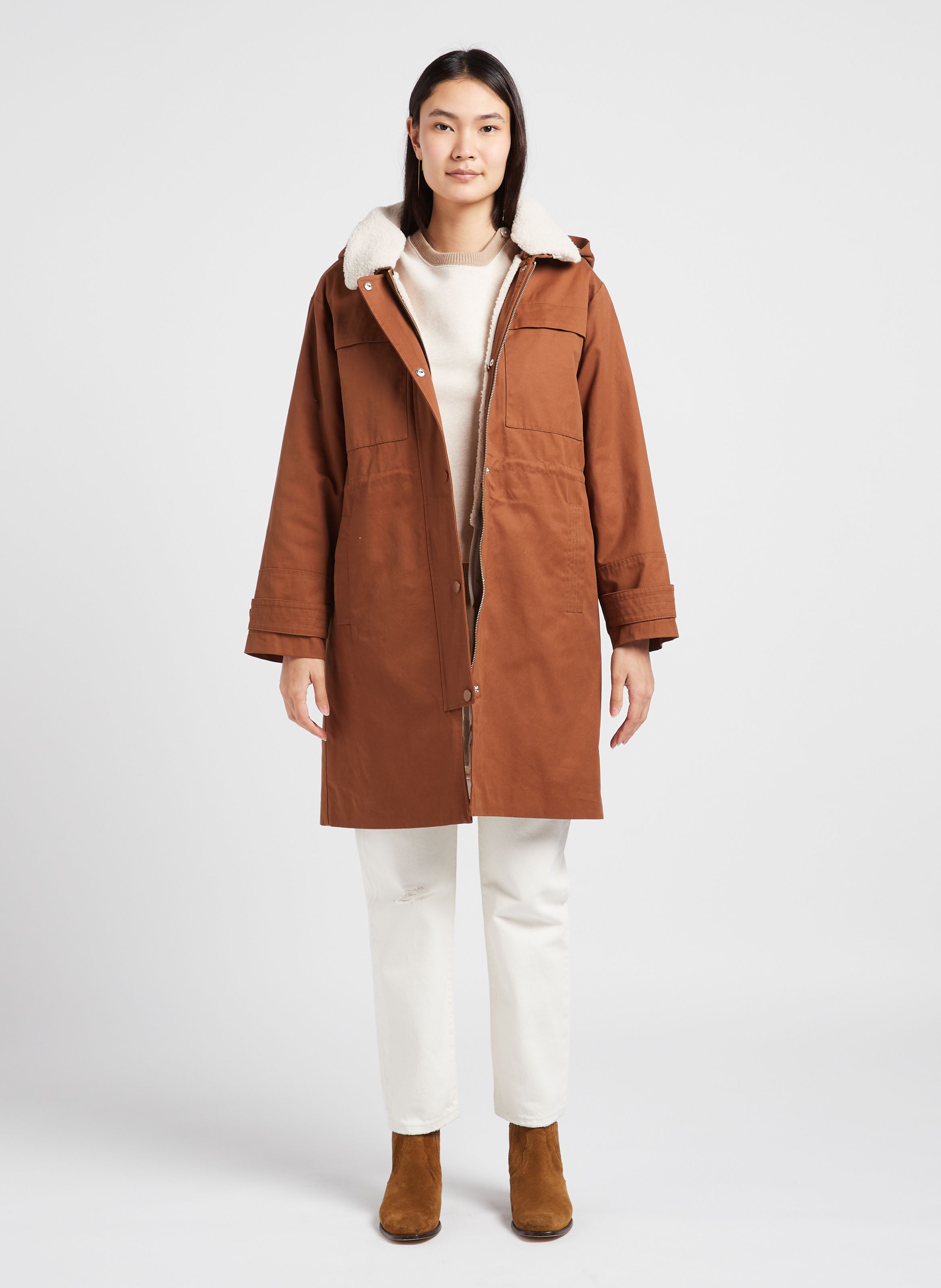 Manteau Droit Col Montant En Coton Parker Brun Ekyog Femme