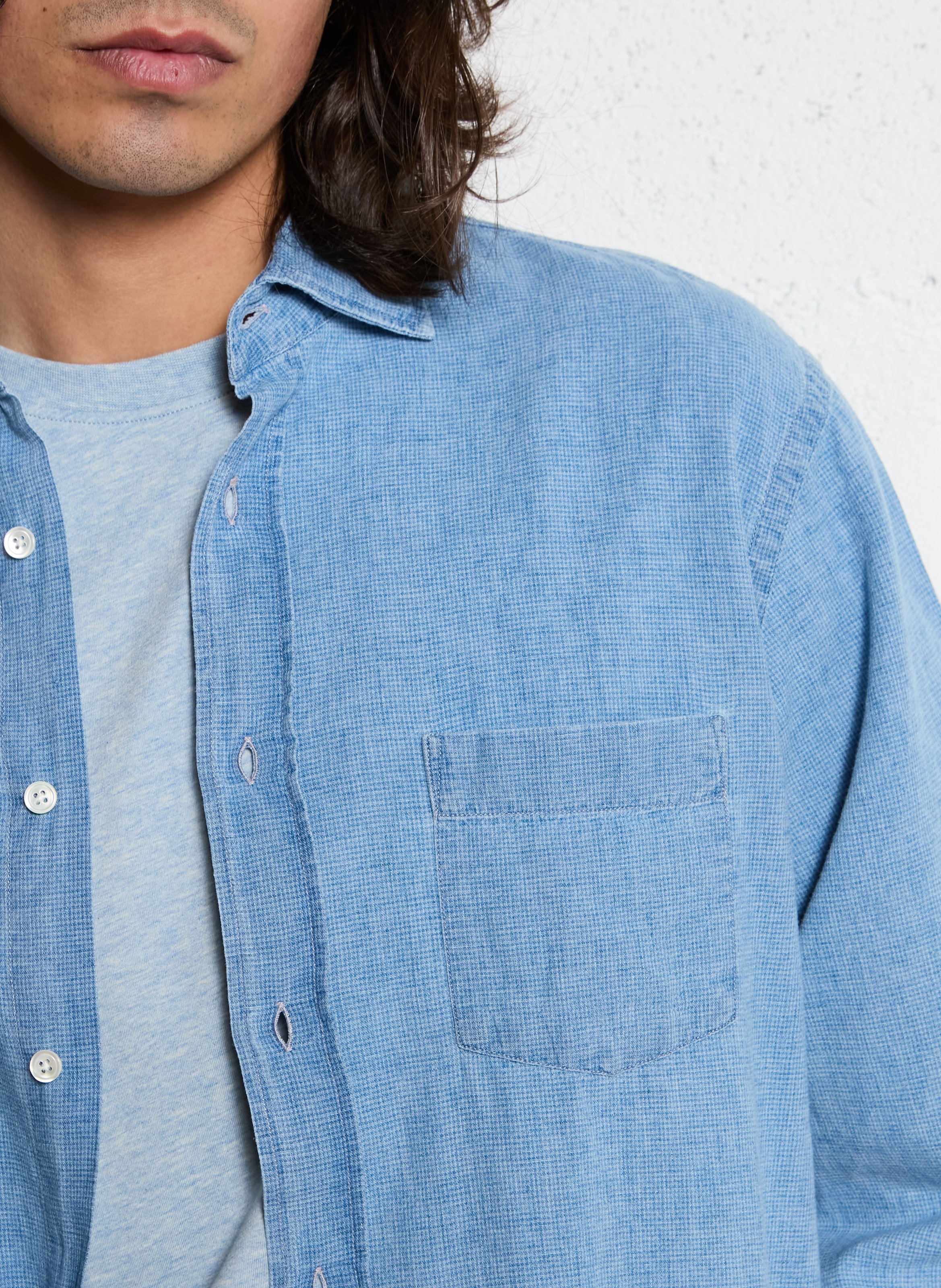 Shirt with classic collar in linen and cotton blend HARTFORD Blue