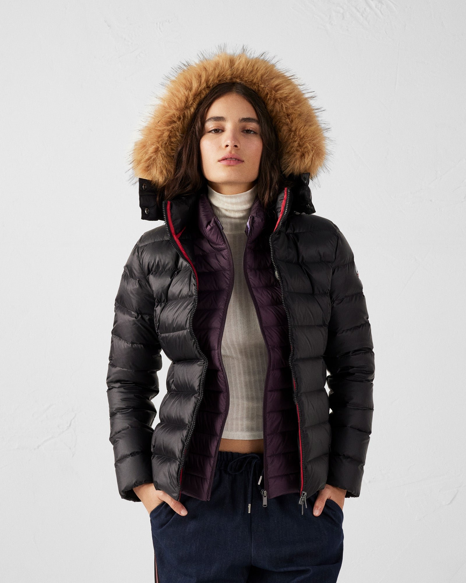 Luxury cold weather hooded puffer coat JOTT Black