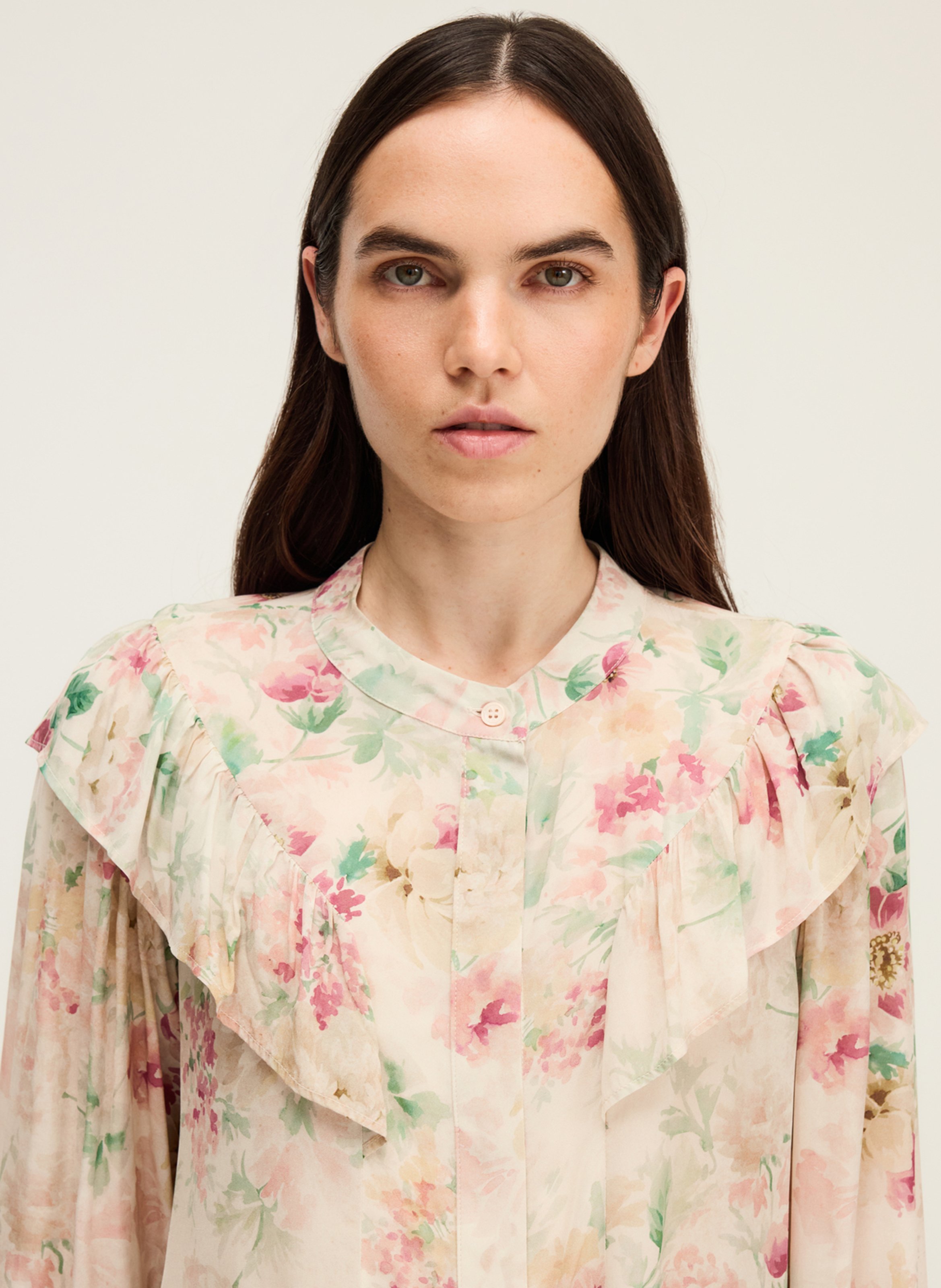 Chemise droite col mao fleuri PABLO Beige