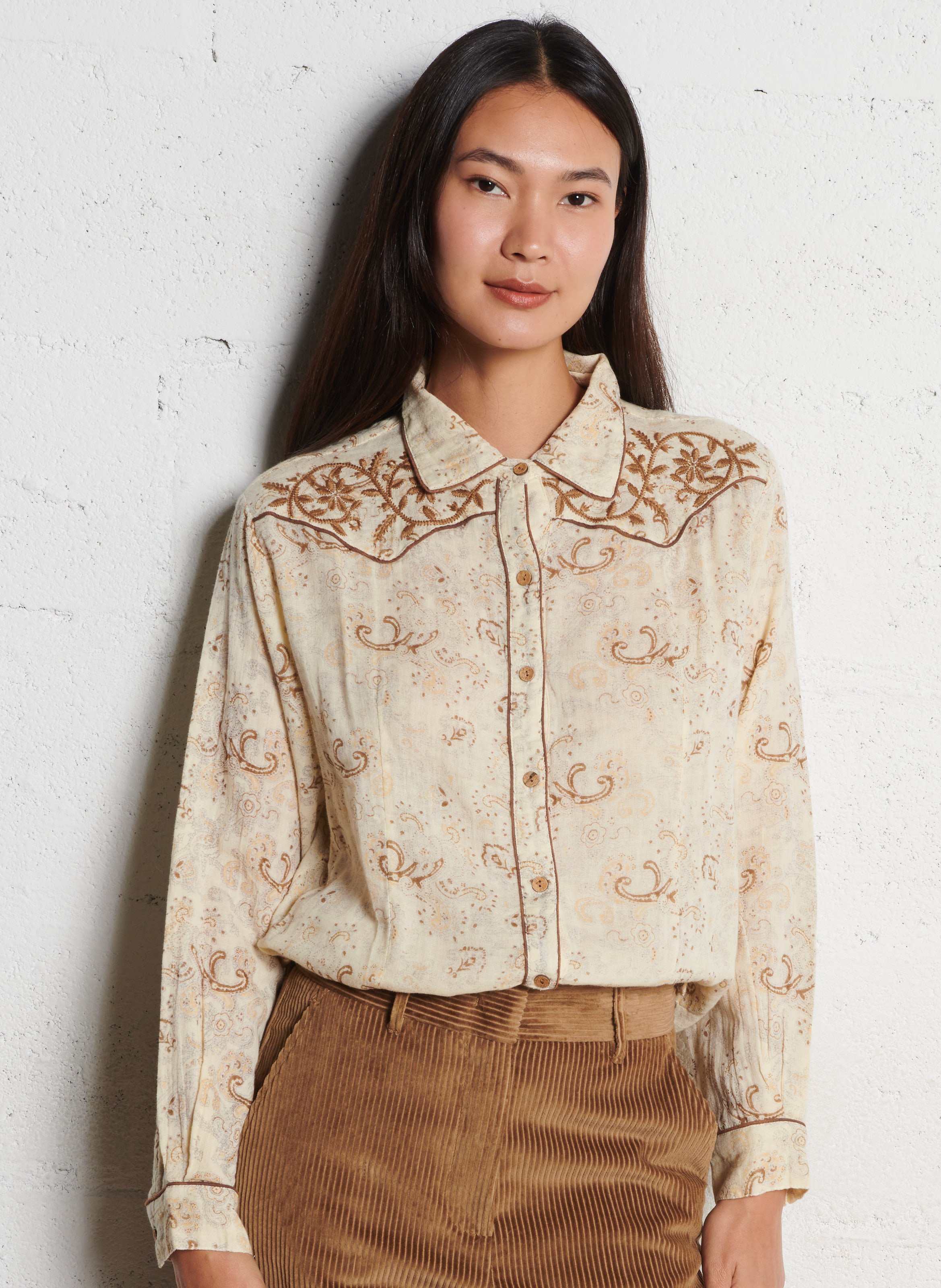 Round-neck printed cotton blouse MAISON HOTEL Beige