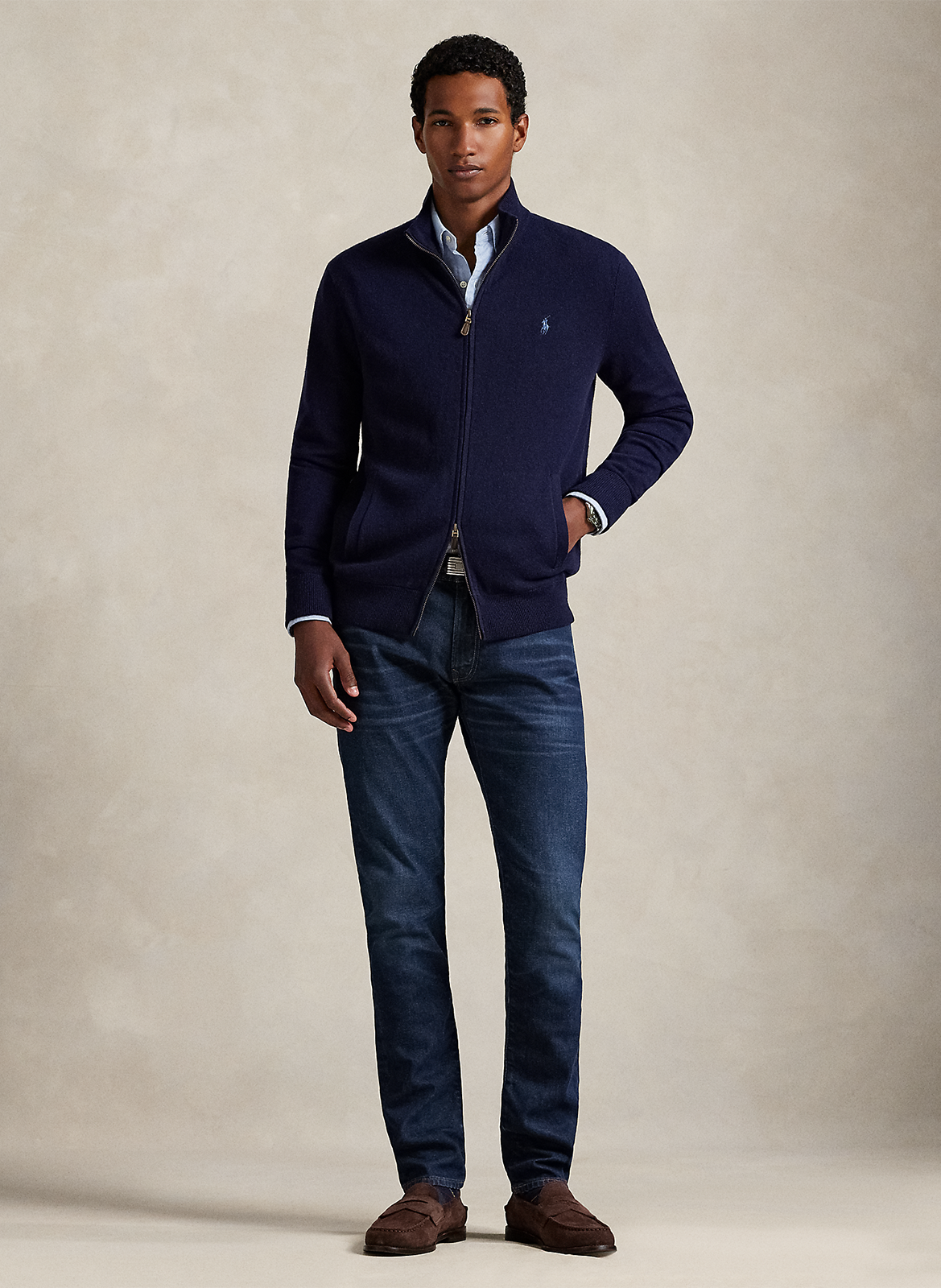 Gilet zippé à broderie logo en laine POLO RALPH LAUREN Bleu