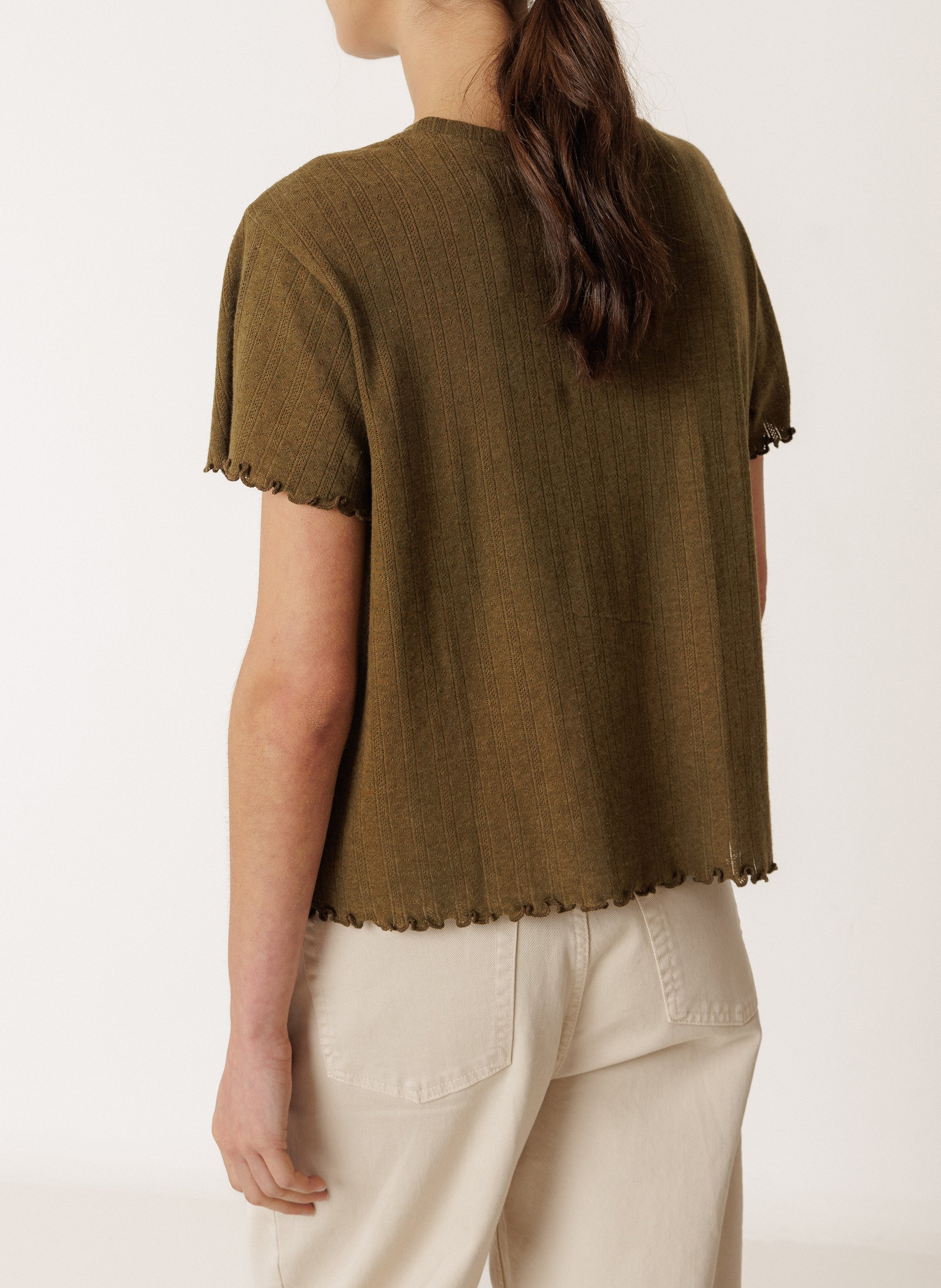 Boxy ronde hals t-shirt van gemengd katoen INDI & COLD Kaki