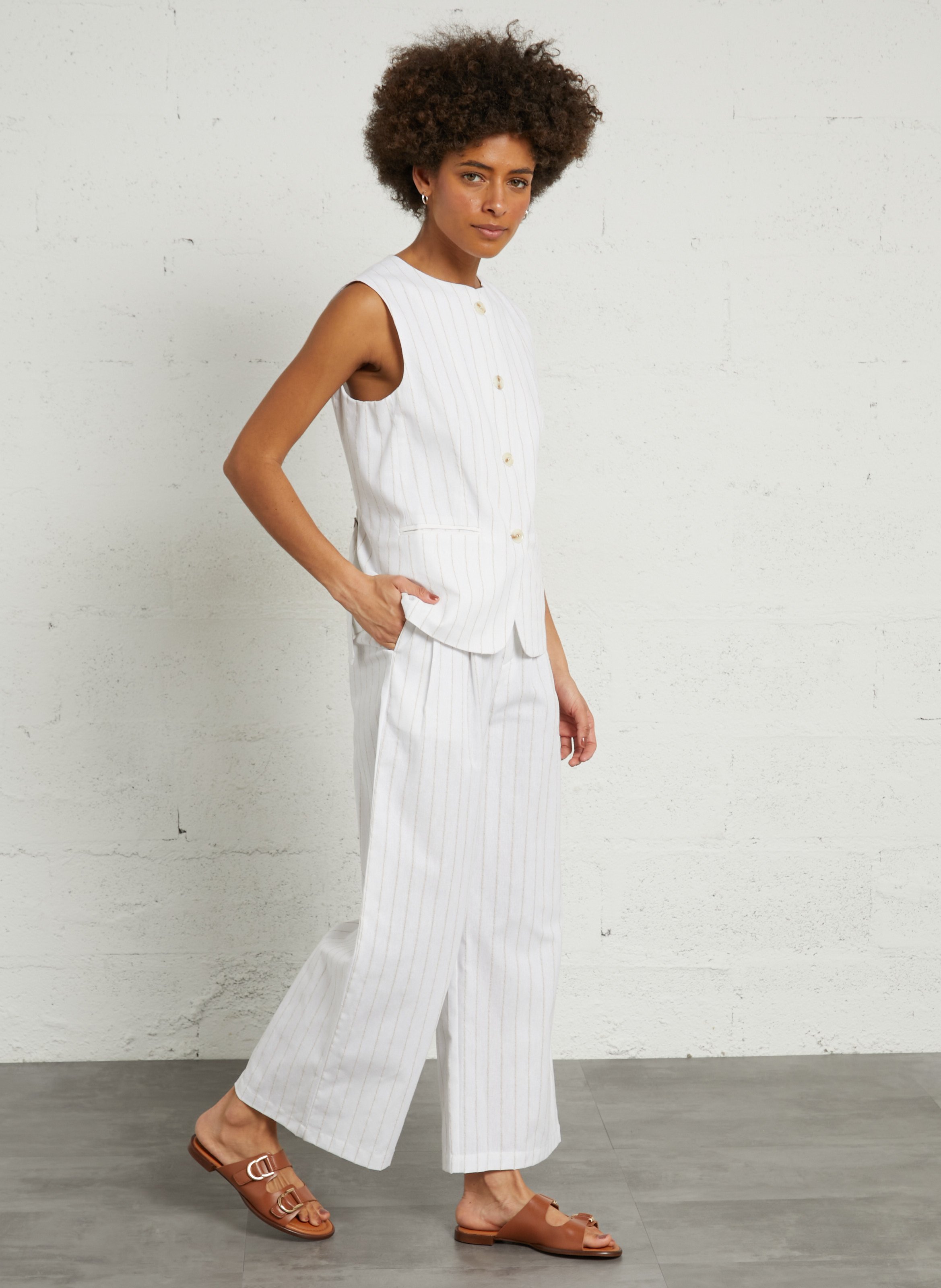 High-waisted wide-leg cotton and linen pants THE KORNER White