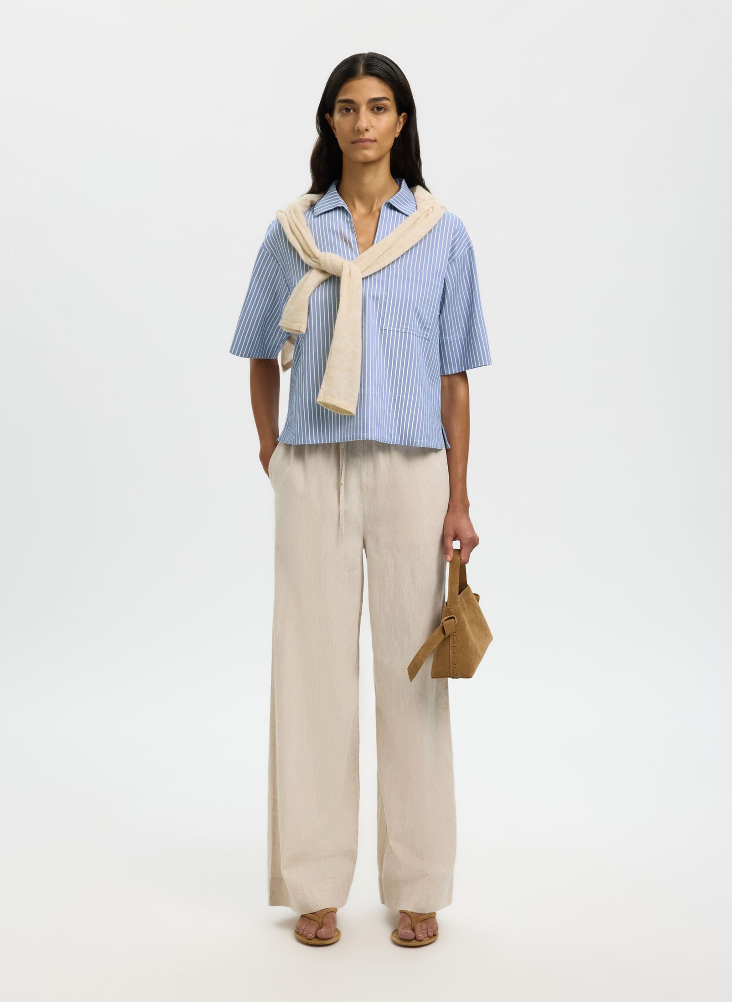 Straight classic collar blouse in striped organic cotton SELECTED Blue