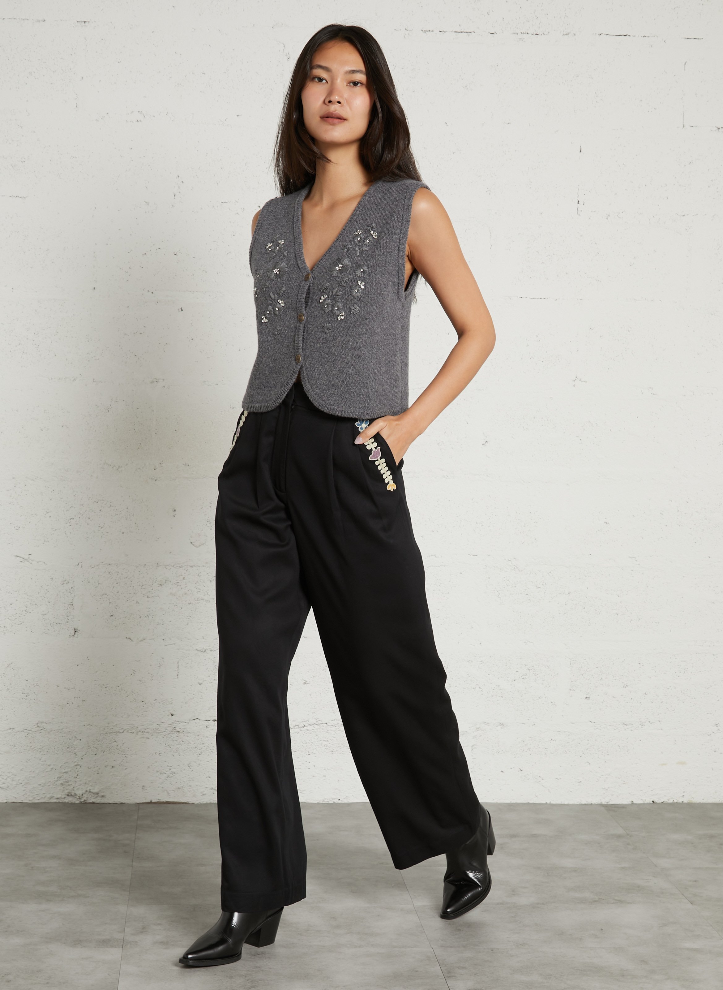 Gilet sans manches brodé en laine LOUISE MISHA Gris