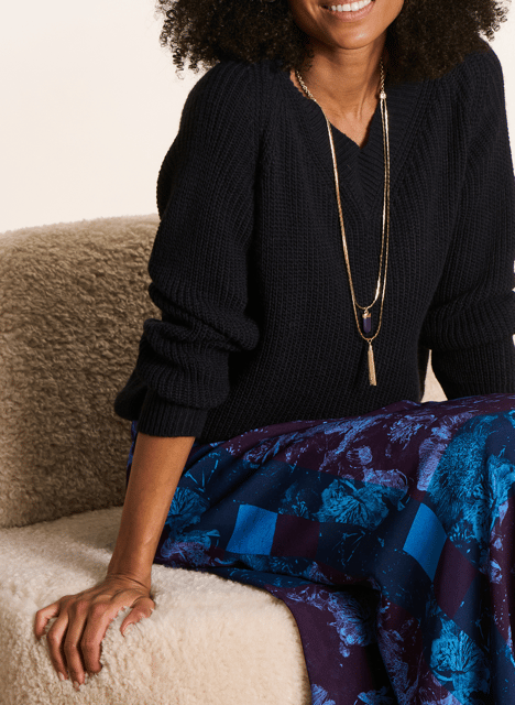 Gerade geschnittener Strick-Mix-Pullover mit V-Ausschnitt LA FEE MARABOUTEE Blau