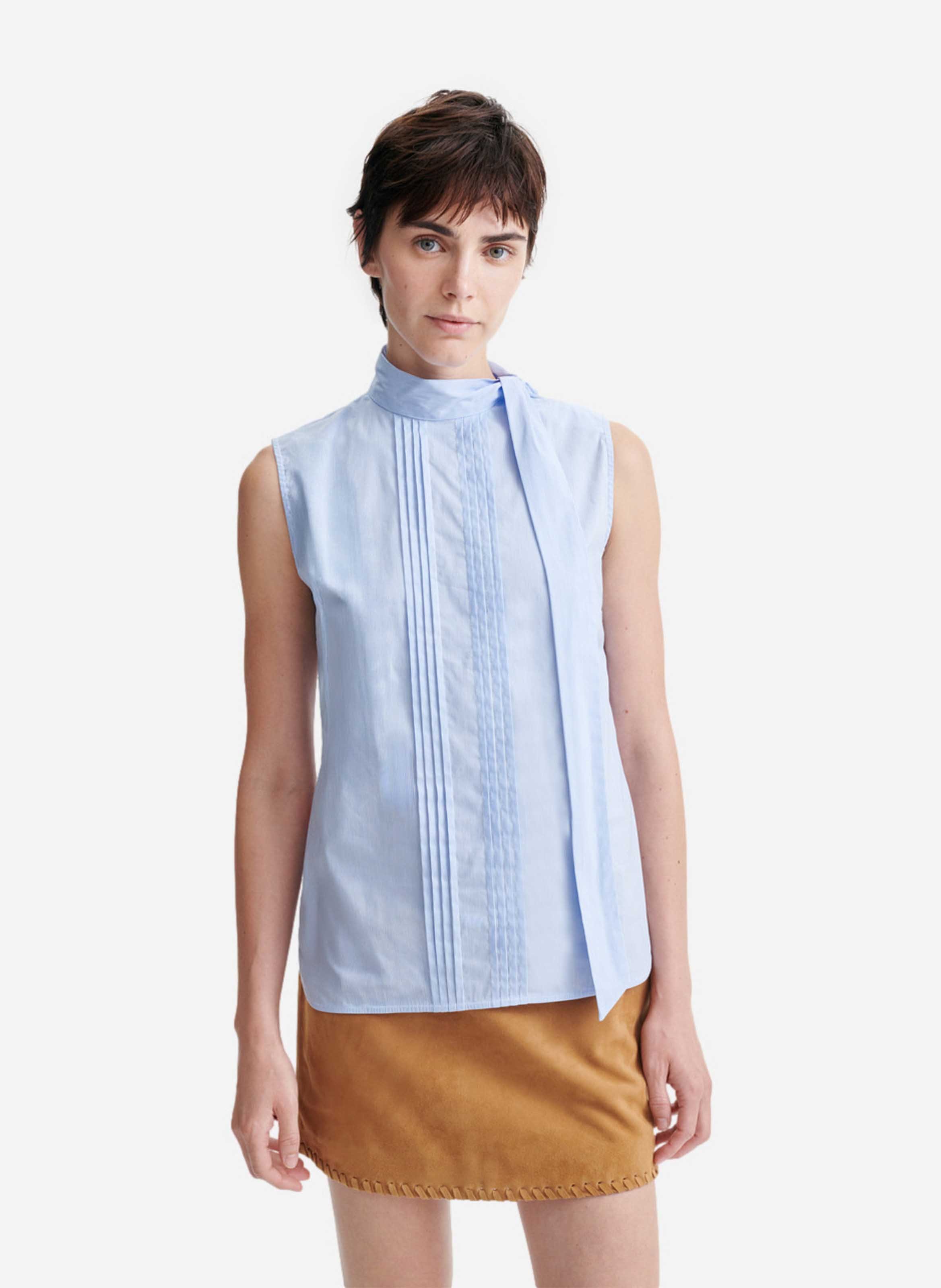 Sleeveless pleated blouse in mixed cotton VANESSA BRUNO Blue