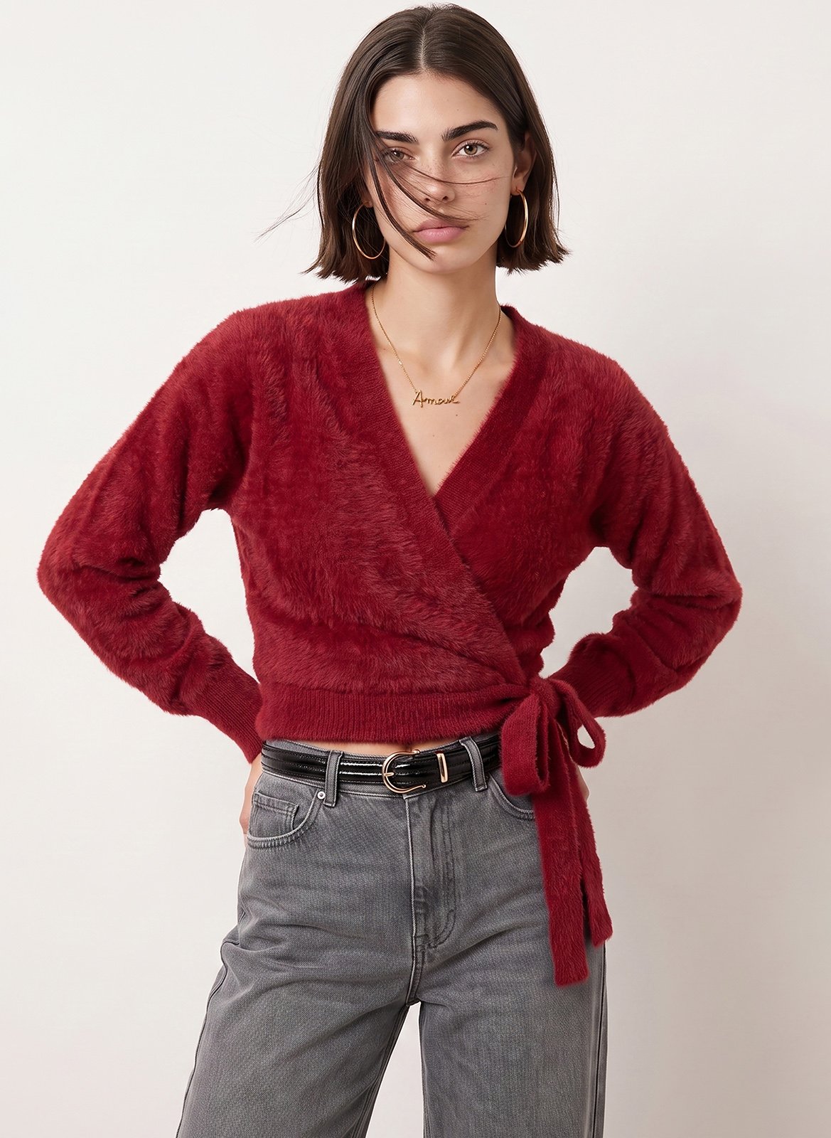 Fluffy V-neck wrap cardigan KOOKAI