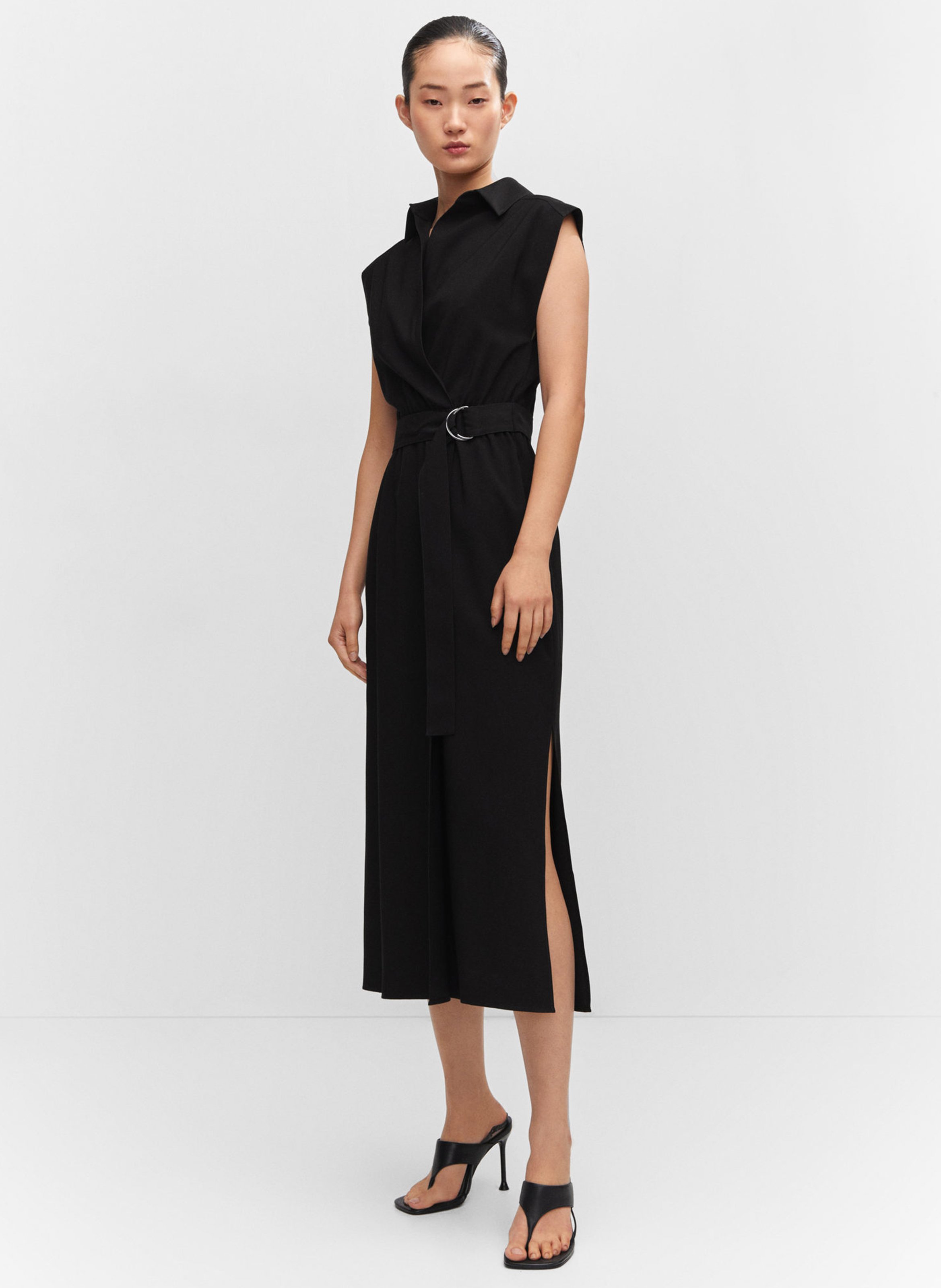 Robe midi col classique ceintur e Noir