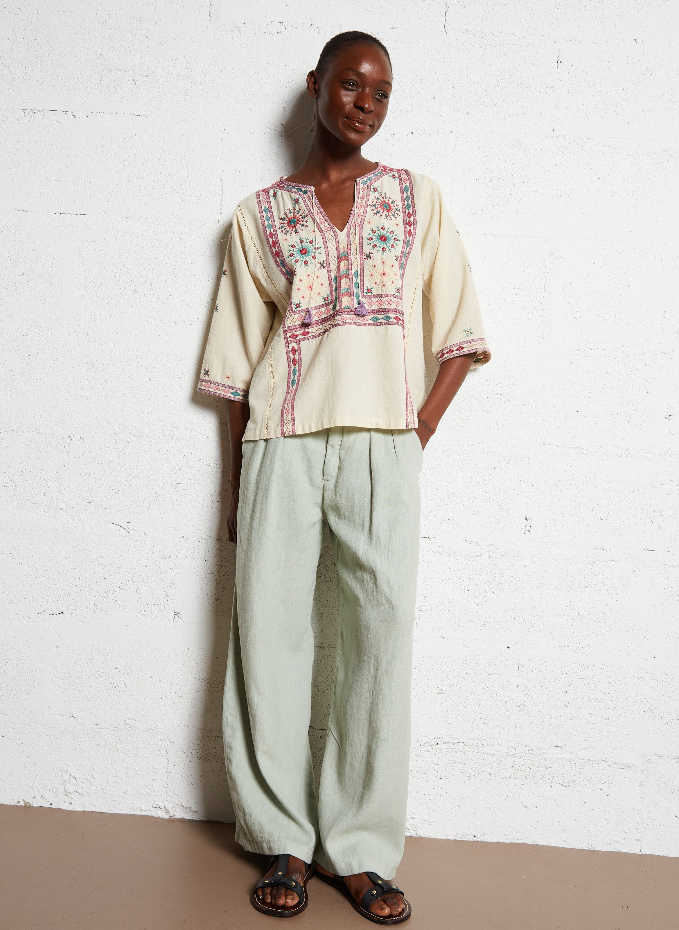 Embroidered cotton V-neck blouse MAISON HOTEL Beige