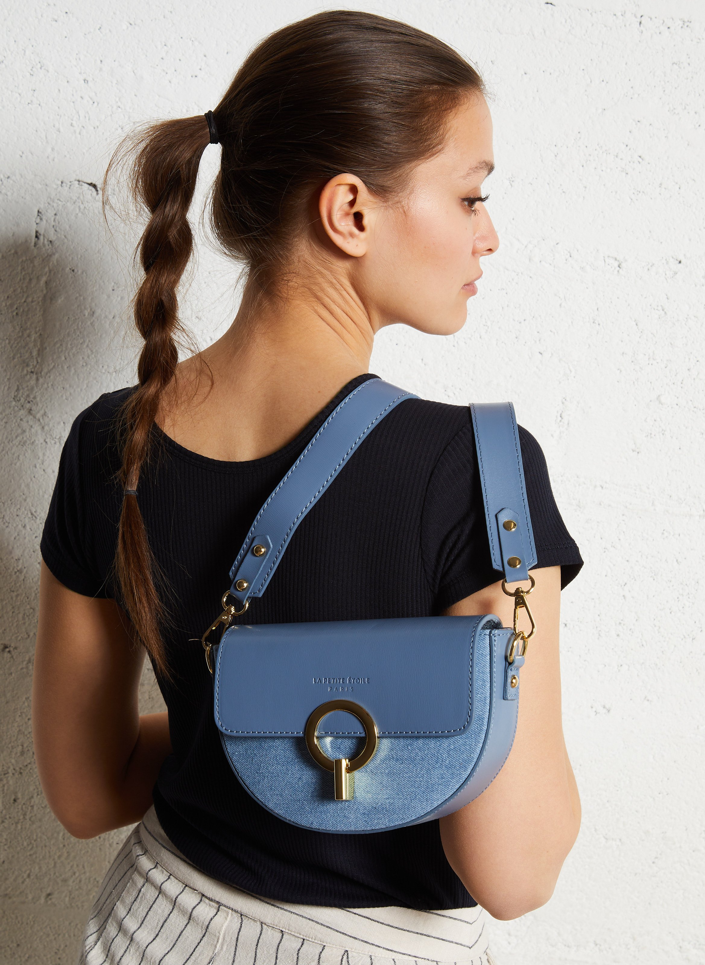 Shoulder bag with removable handle in denim LA PETITE ETOILE Jean Stone