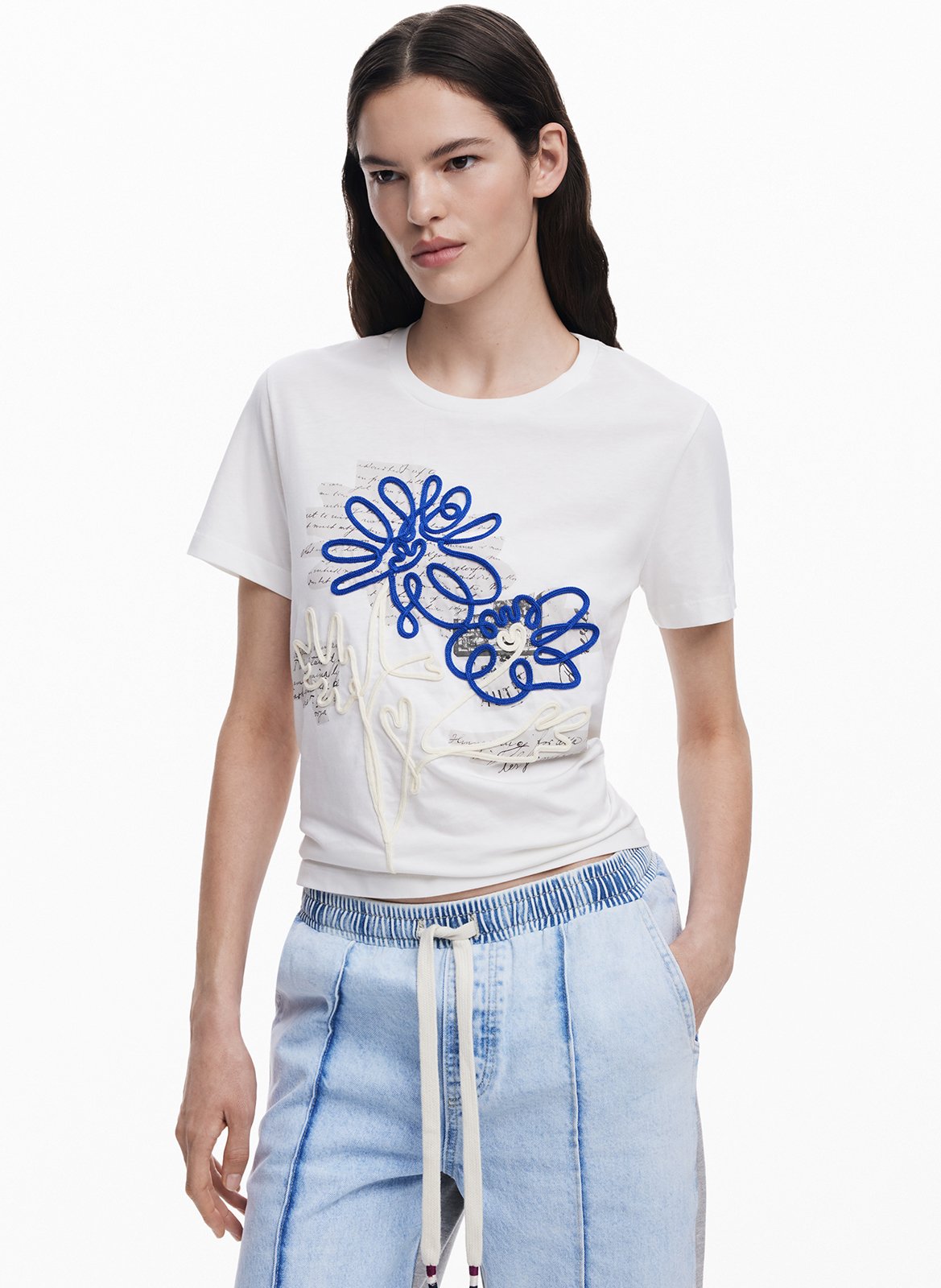 Tee-shirt col rond en coton DESIGUAL Blanc