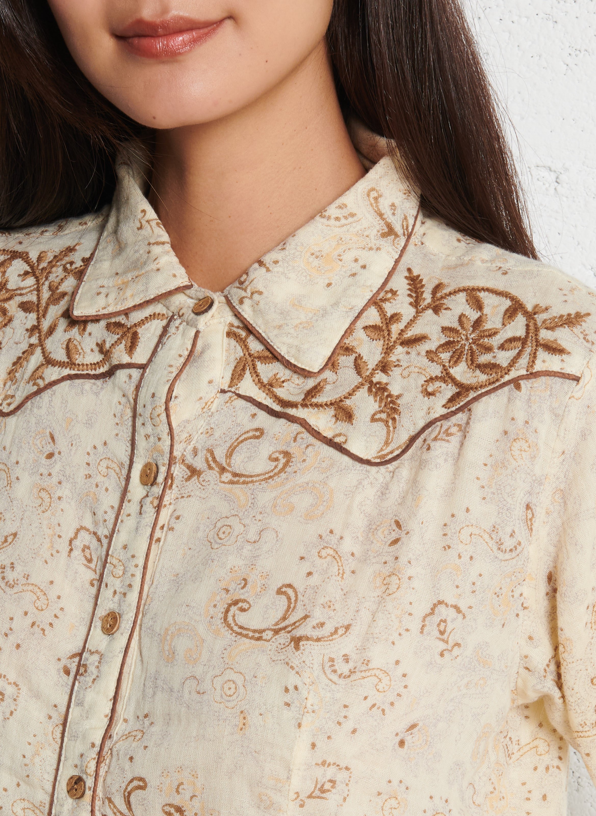 Round-neck printed cotton blouse MAISON HOTEL Beige