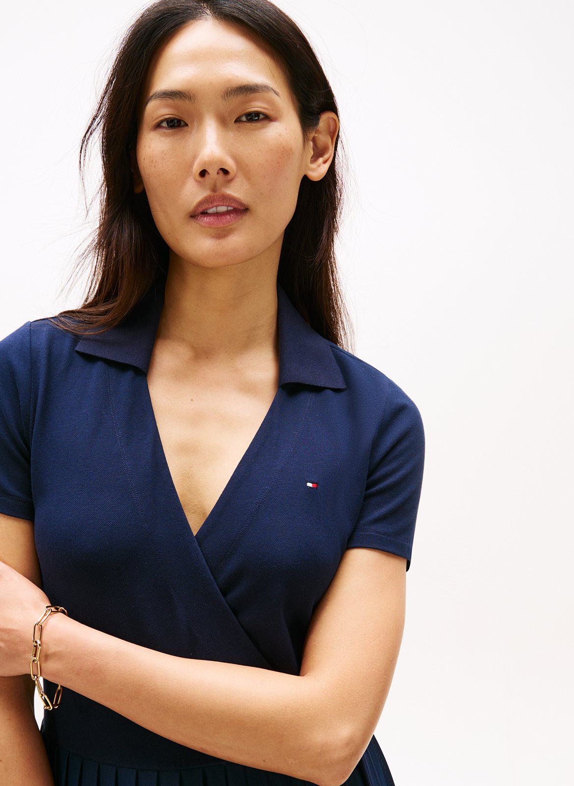 Robe longue col v à revers TOMMY HILFIGER Bleu